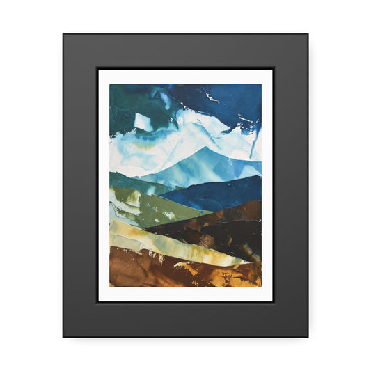 Framed Abstract Mountain Art Print – Blue & Earthtone Layered Landscape Poster