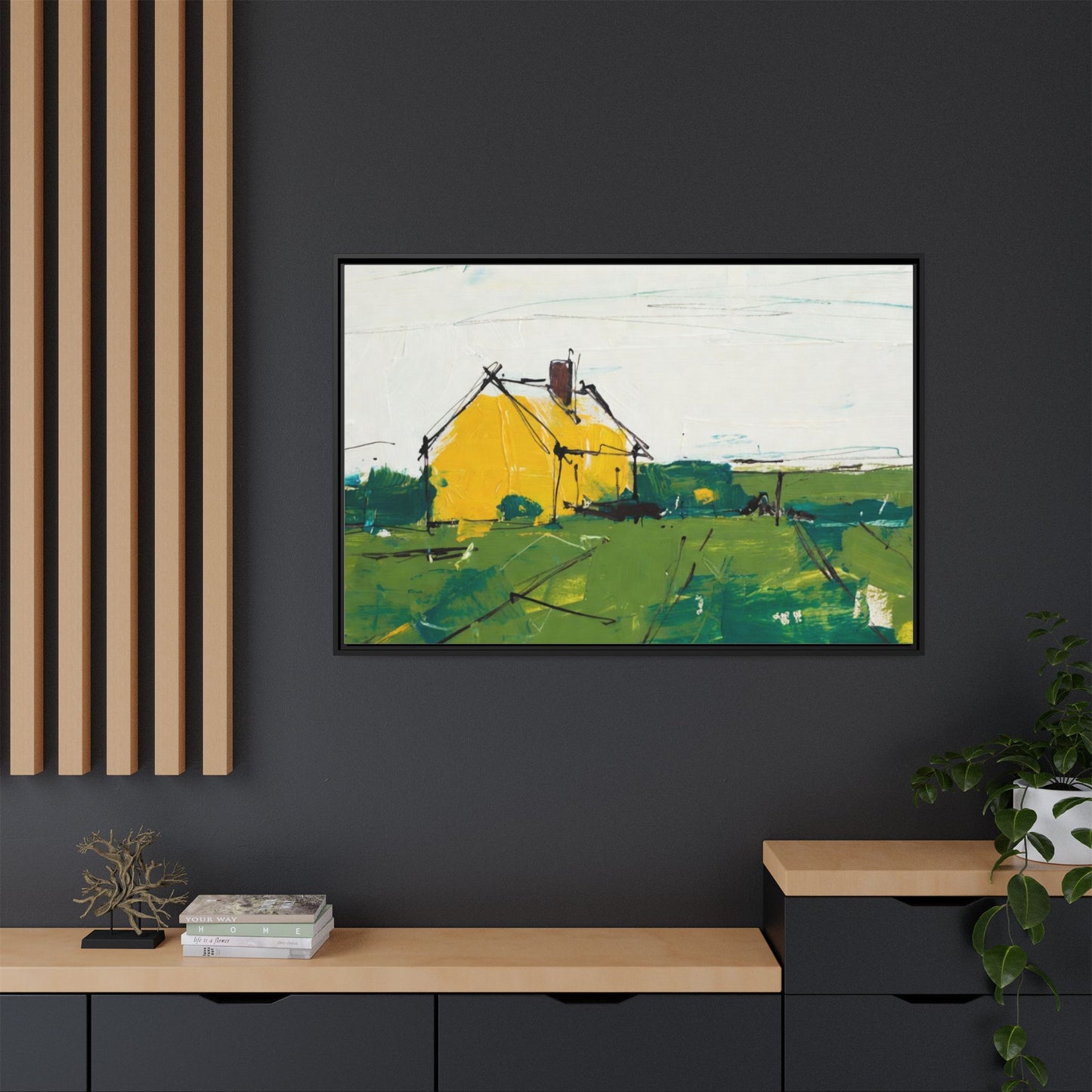 Yellow Cottage Landscape Framed Canvas Print