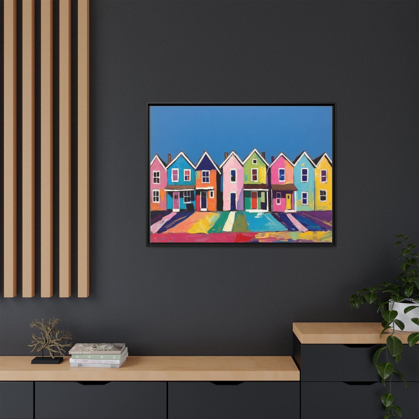 Colorful Beach Houses Matte Canvas Framed Wall Art