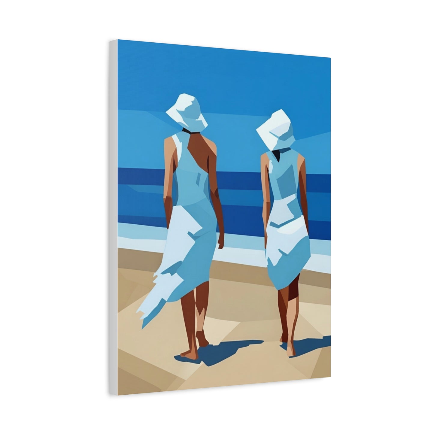 Beach Stroll Canvas Print — Two Women in Blue Sun Hats Matte Stretched