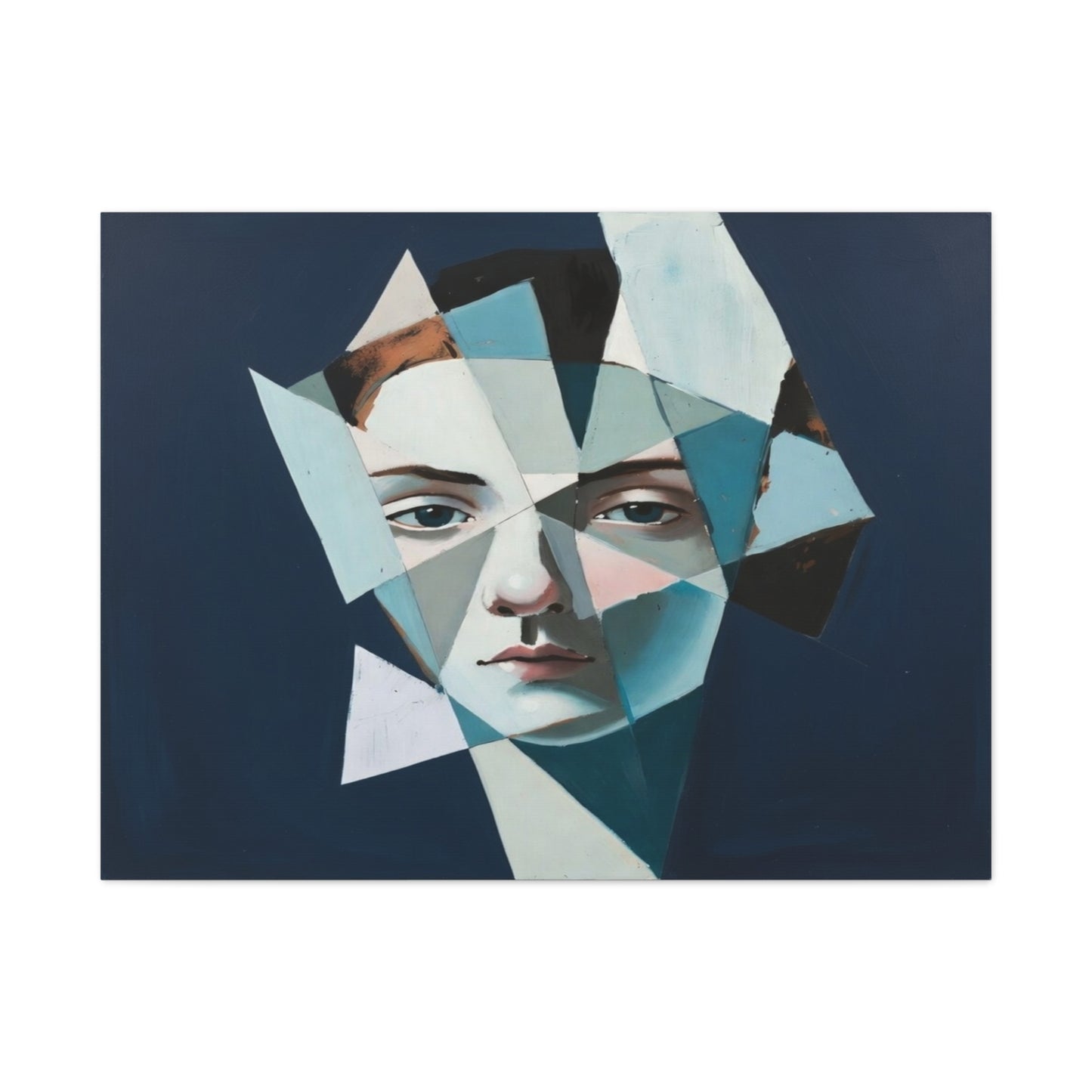 Fragmented Portrait Matte Canvas Art – Blue Abstract Face Wall Decor