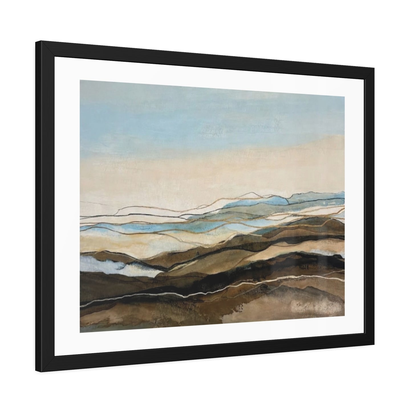 Coastal Abstract Landscape Framed Poster — Serene Blue & Earthtone Wall Art