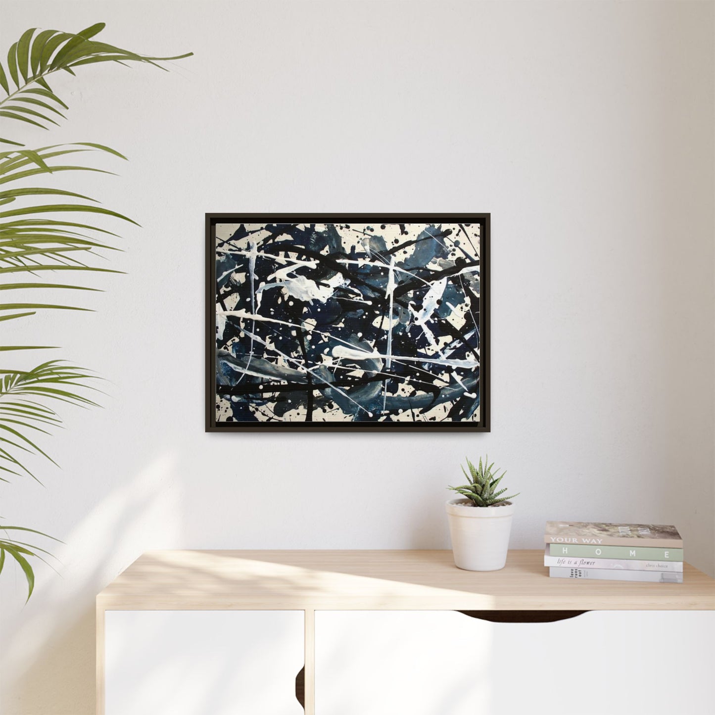 Abstract Splatter Matte Canvas Framed Wall Art — Black & Blue Modern Art Print