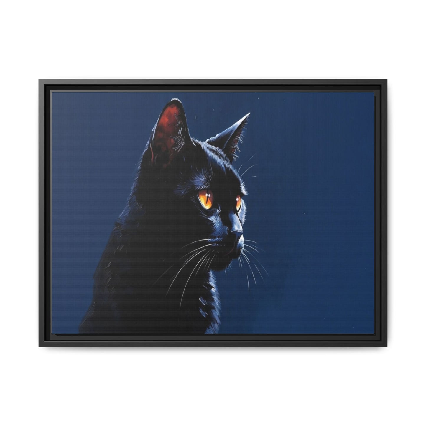 Black Cat Portrait Matte Canvas Framed Wall Art — Dramatic Feline Photo Print