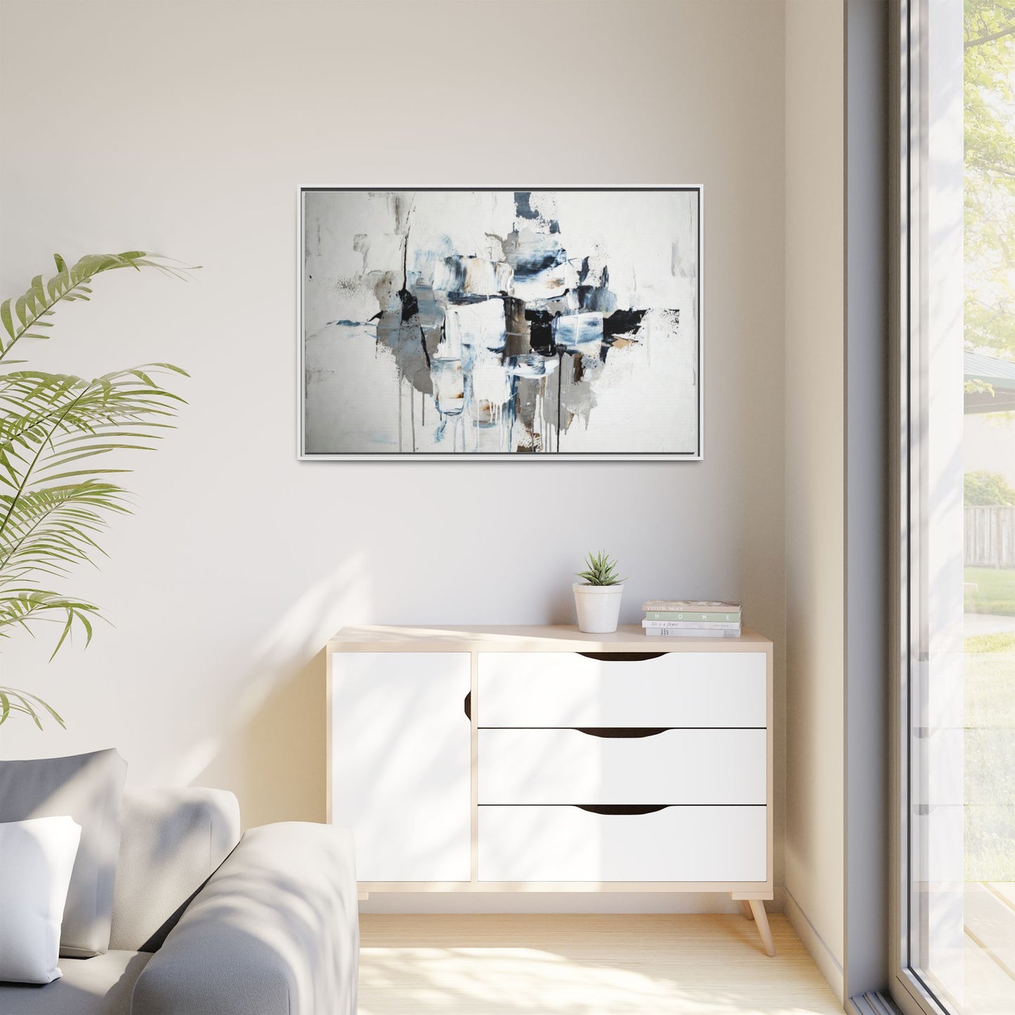 Framed Abstract Canvas Art — Blue Neutral Modern Wall Print