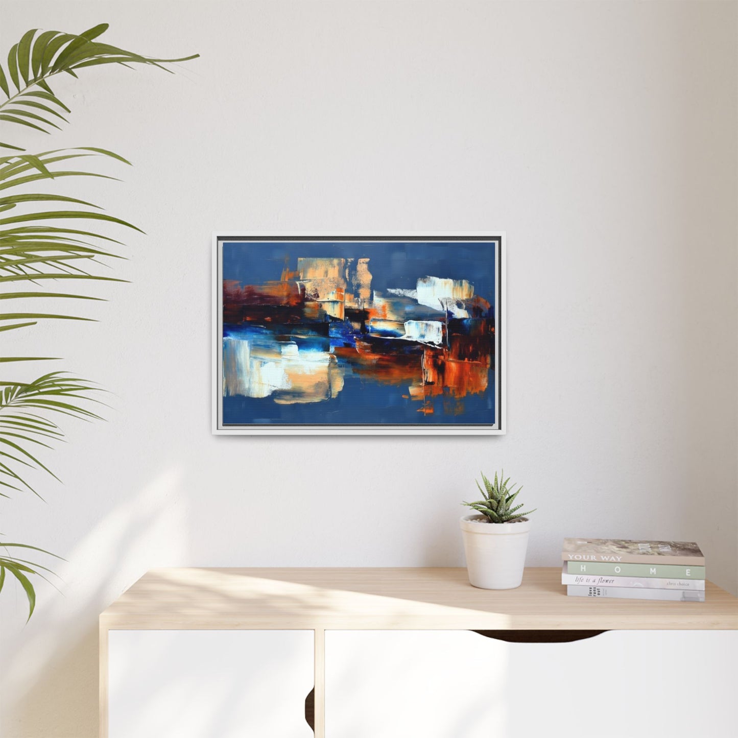 Abstract Blue & Rust Framed Canvas Art — Modern Matte Wall Painting