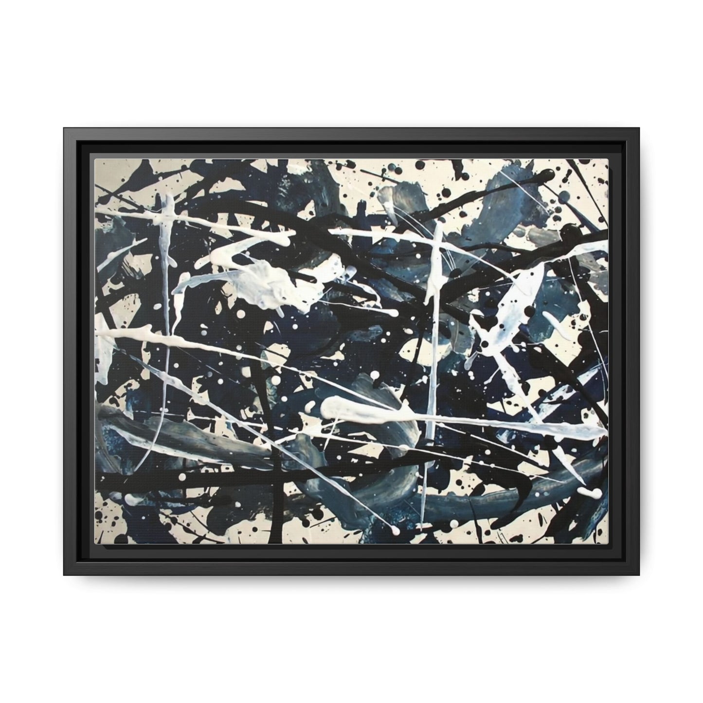 Abstract Splatter Matte Canvas Framed Wall Art — Black & Blue Modern Art Print