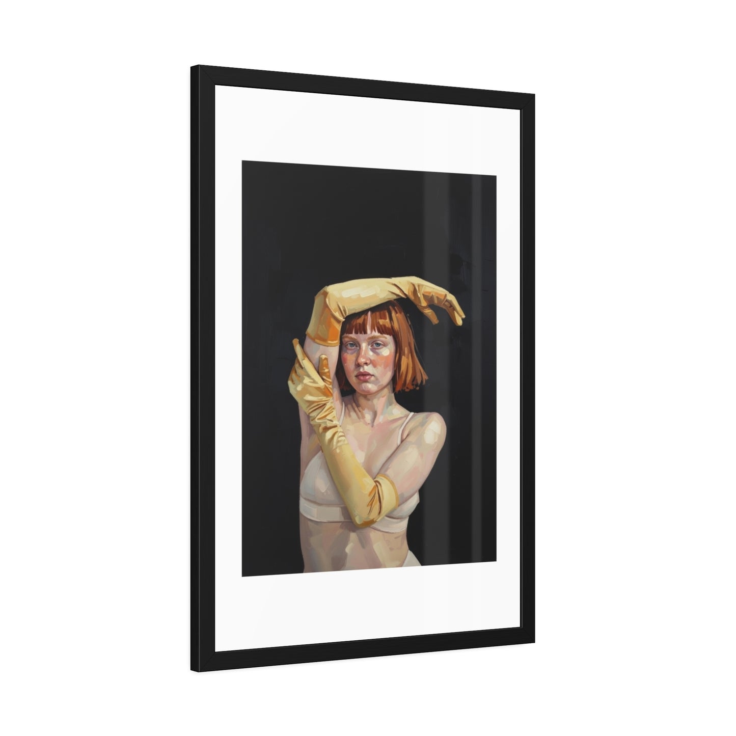 Framed Art Poster — Portrait of Redhead Woman in Yellow Gloves (Gallery Wall Print)