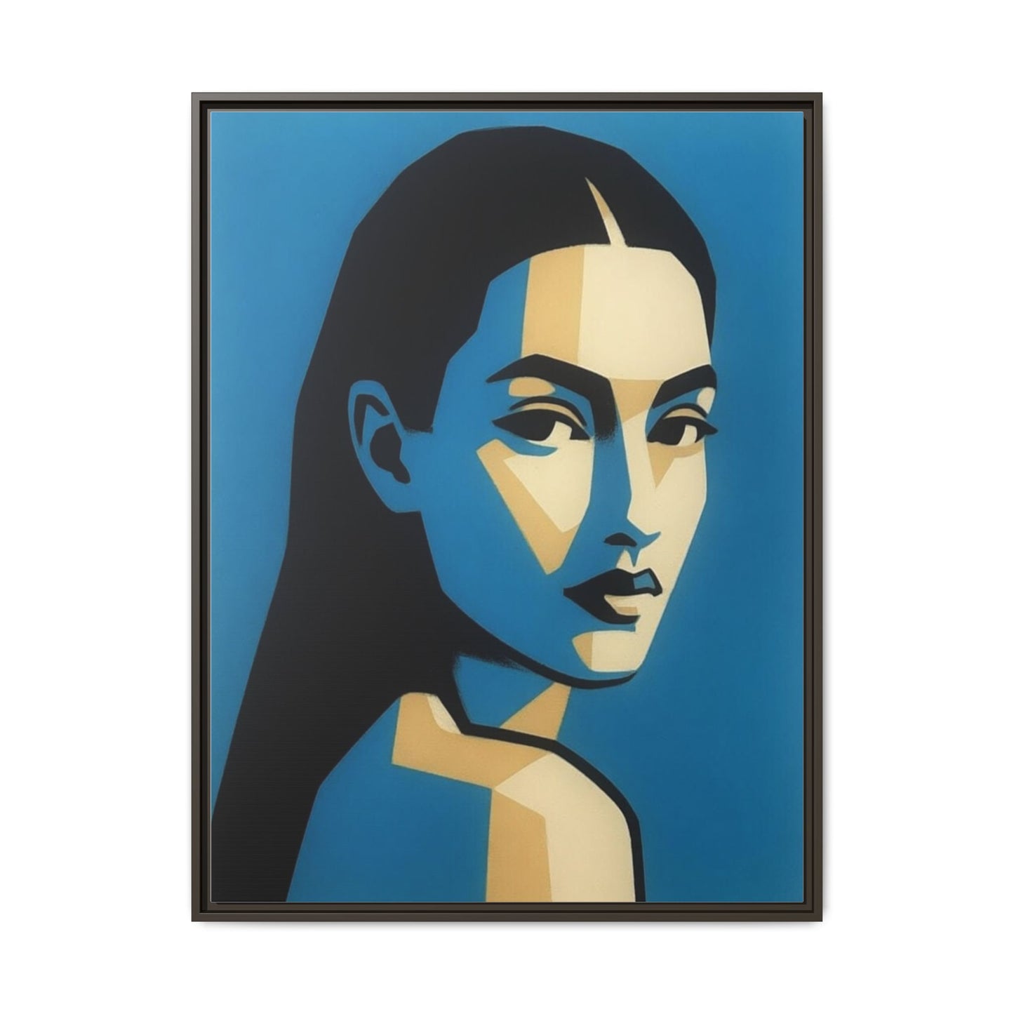 Framed Pop Art Portrait Canvas — Blue Geometric Woman Print