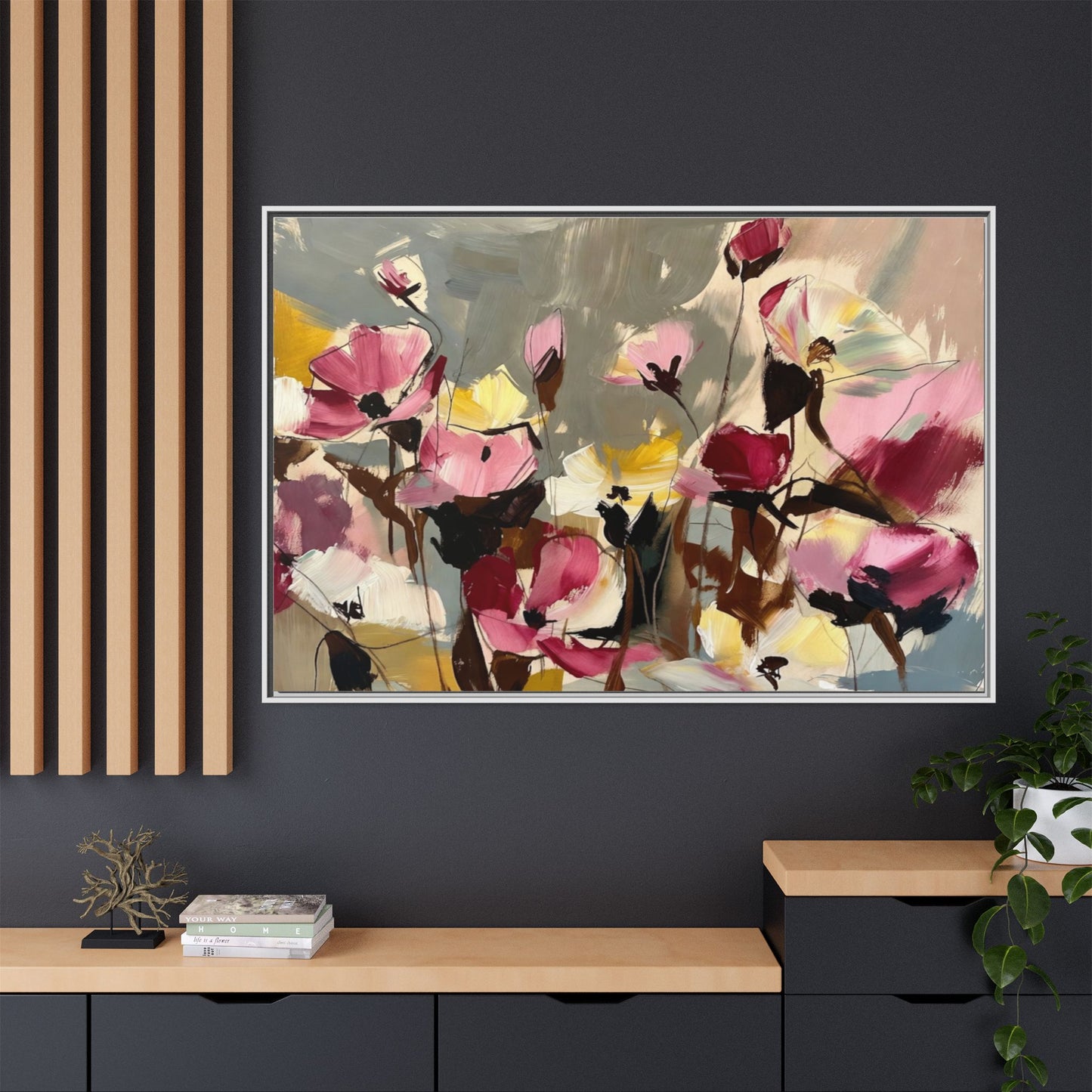 Framed Floral Canvas Wall Art — Abstract Pink & Yellow Flowers