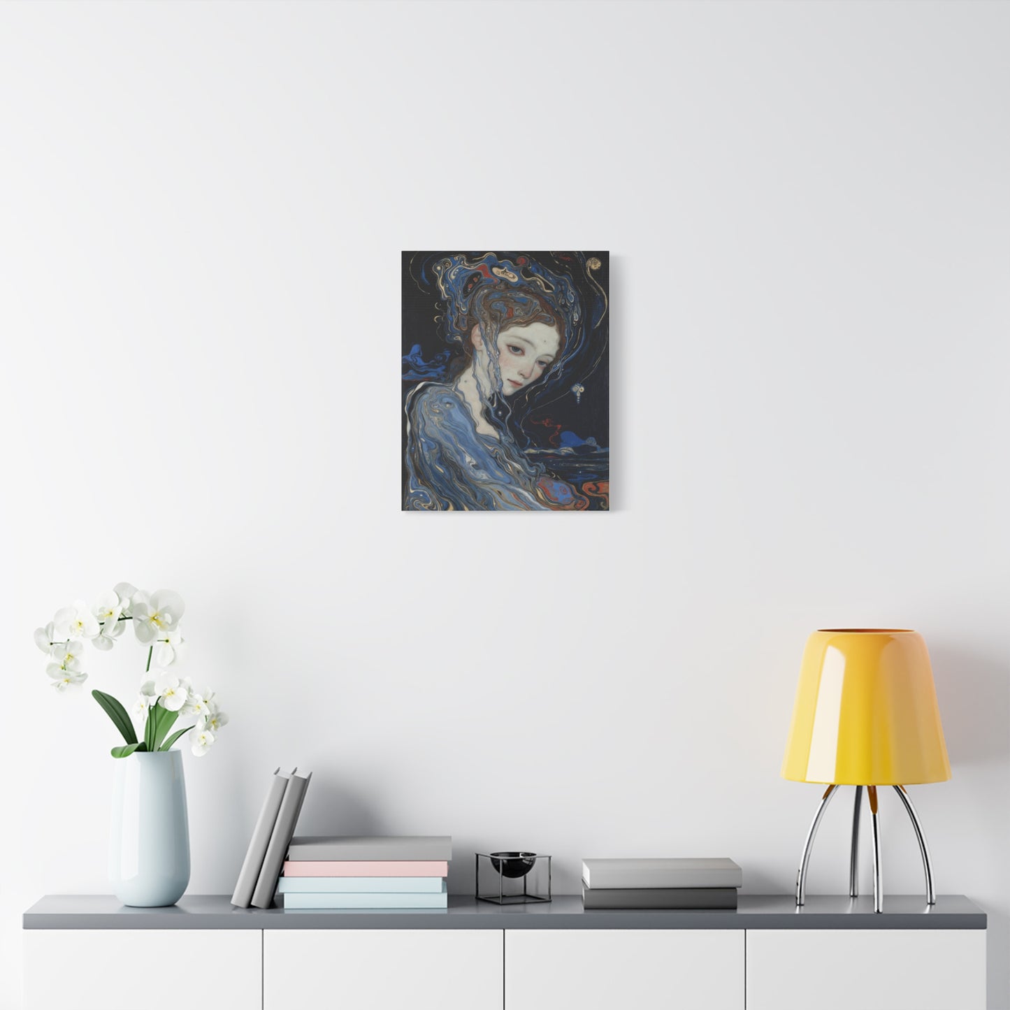 Ethereal Siren Matte Canvas Wall Art — Surreal Blue Portrait, Stretched 1.25"