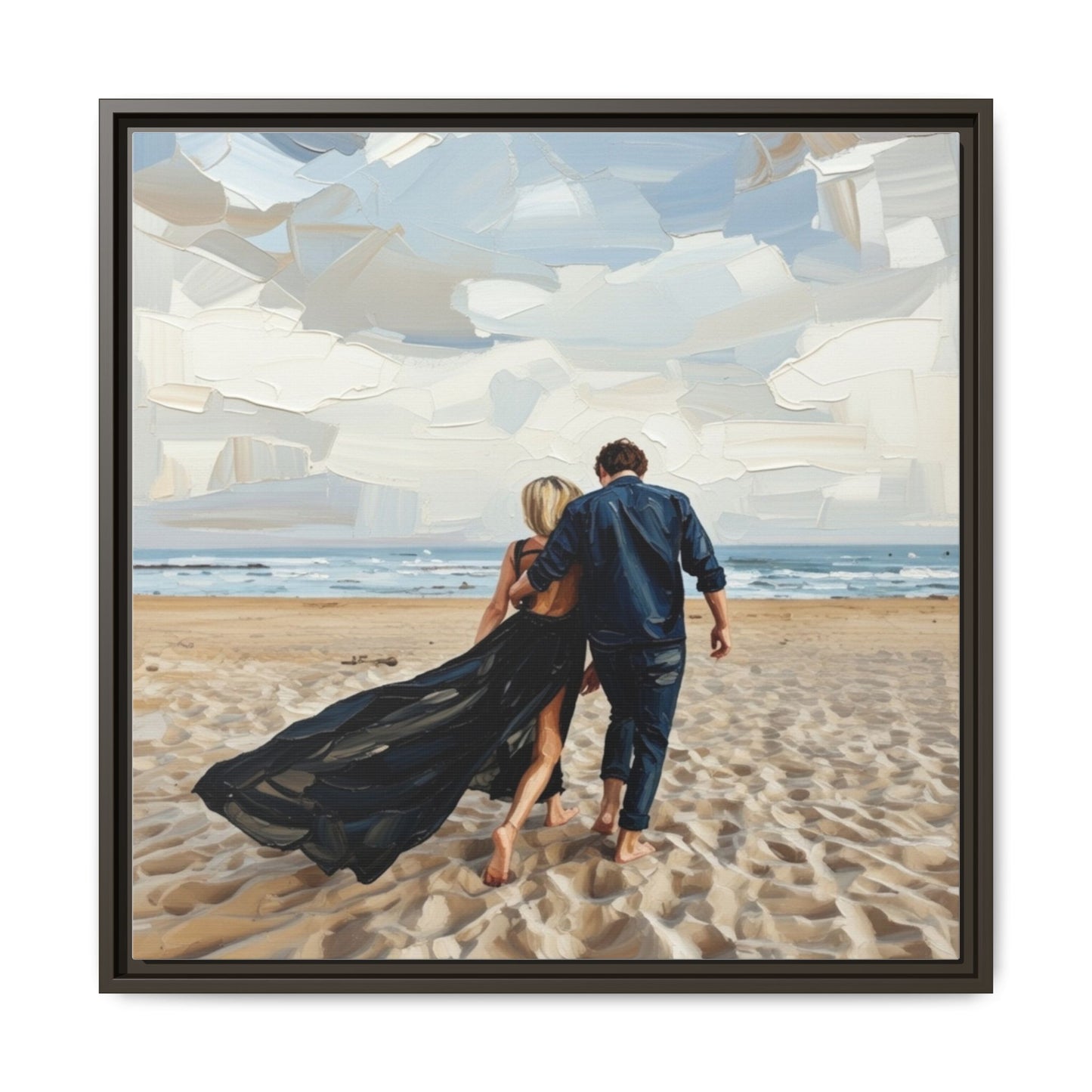 Framed Canvas Wall Art — Romantic Couple Walking on Beach Print
