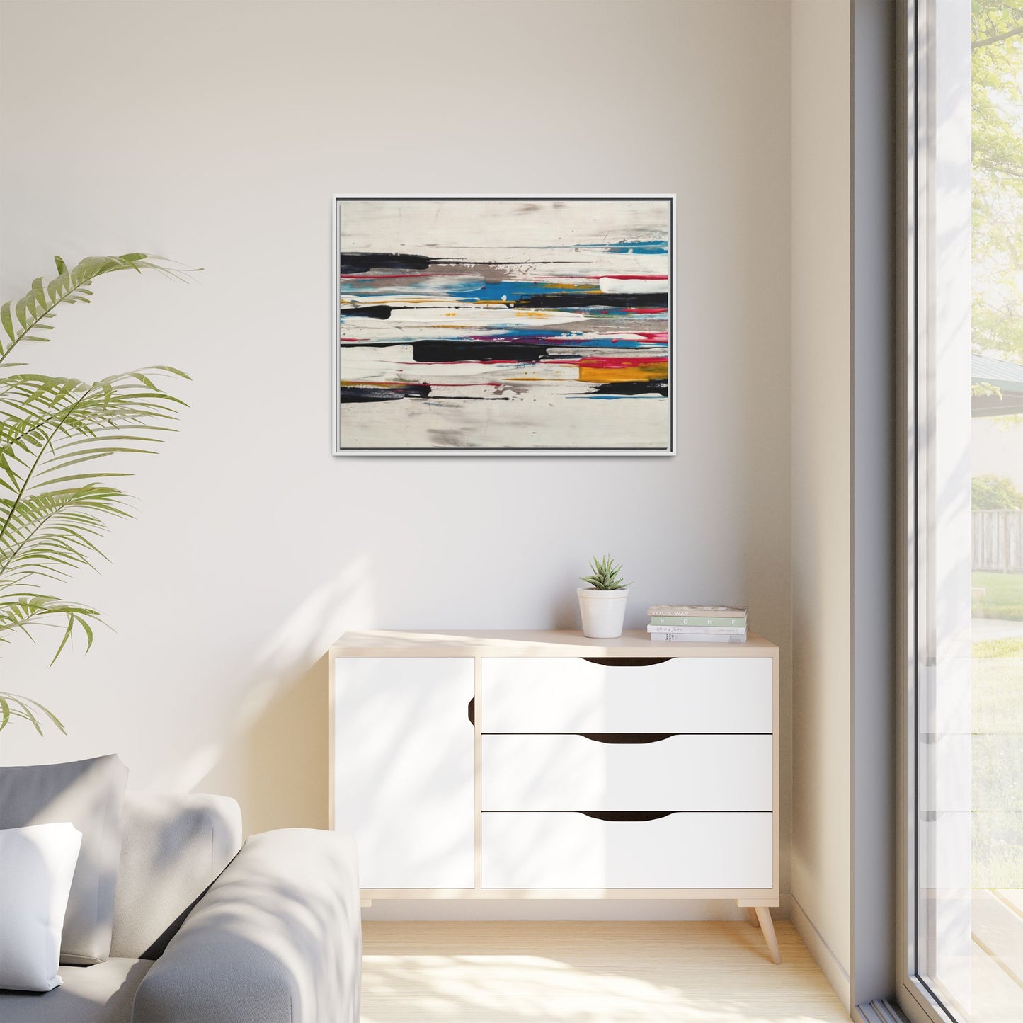 Abstract Multi-Color Framed Canvas Wall Art — Modern Horizontal Brushstroke Print