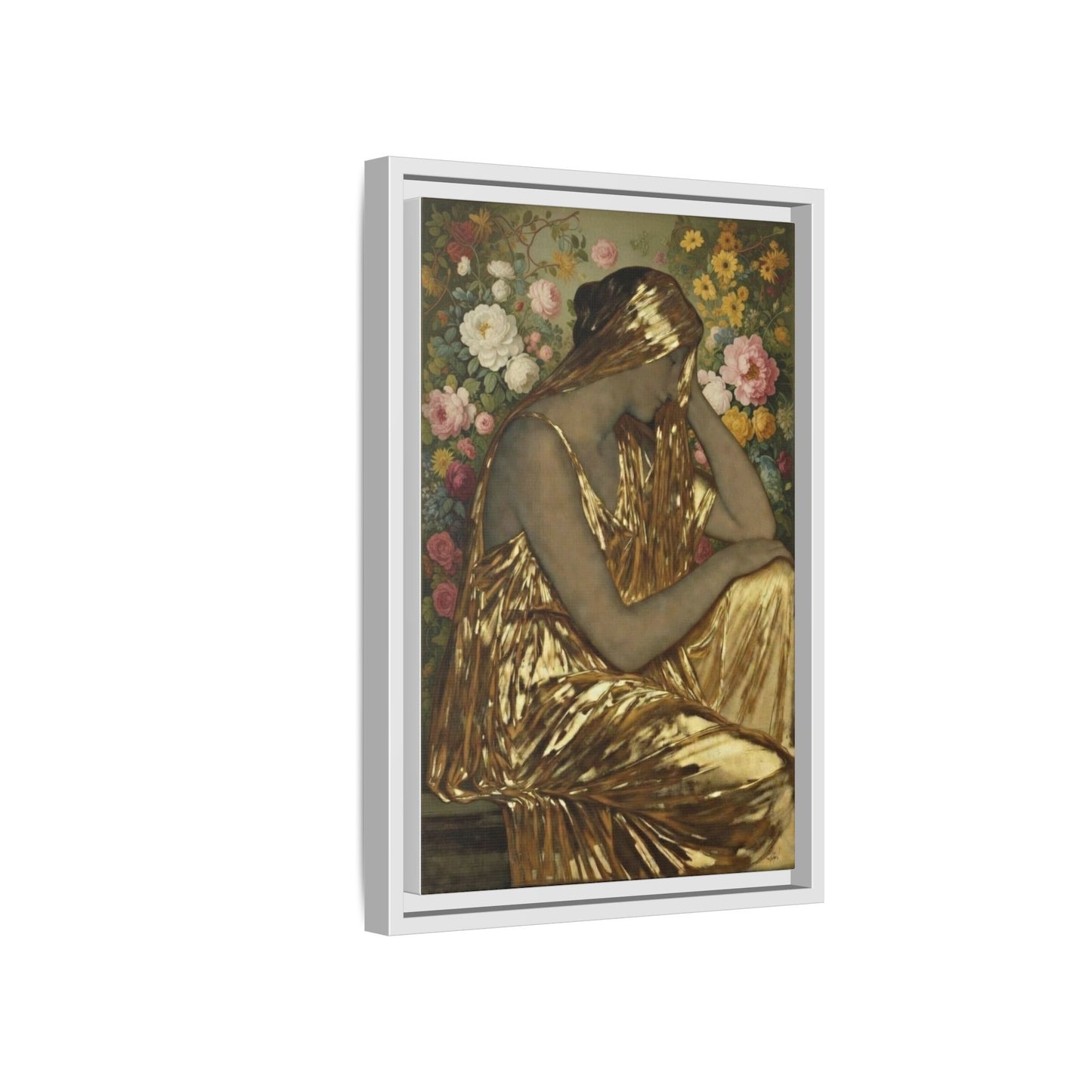 Framed Canvas Art Print — Golden Muse Woman with Floral Background