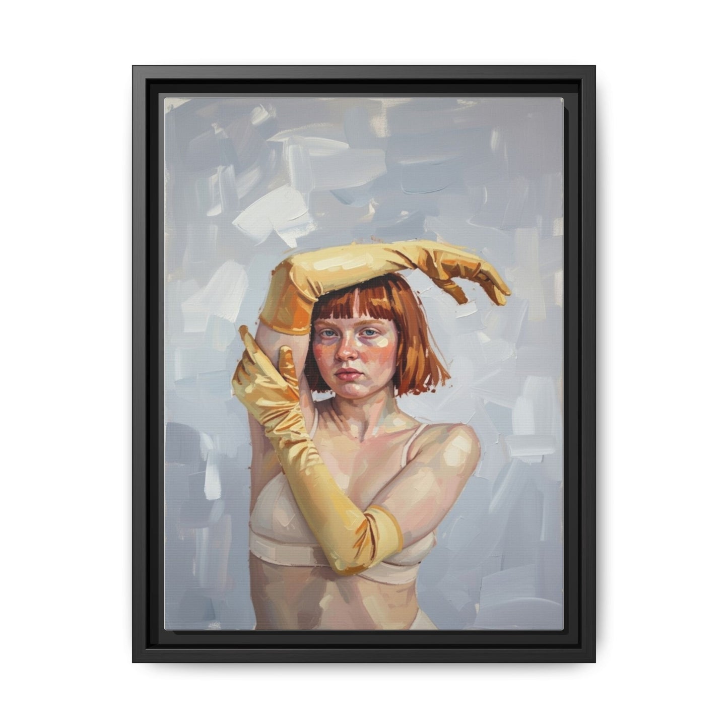 Contemporary Portrait Canvas Print — Woman with Yellow Gloves (Framed Matte)