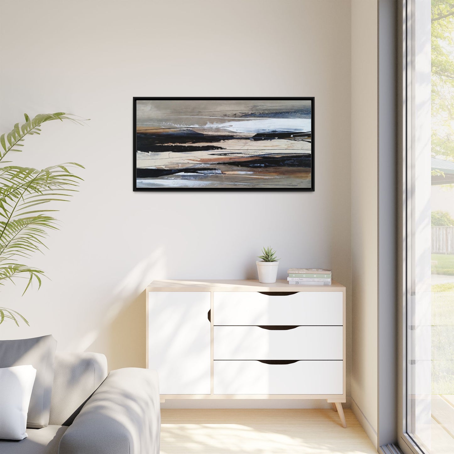 Abstract Seascape Matte Canvas Framed Wall Art — Neutral Coastal Landscape