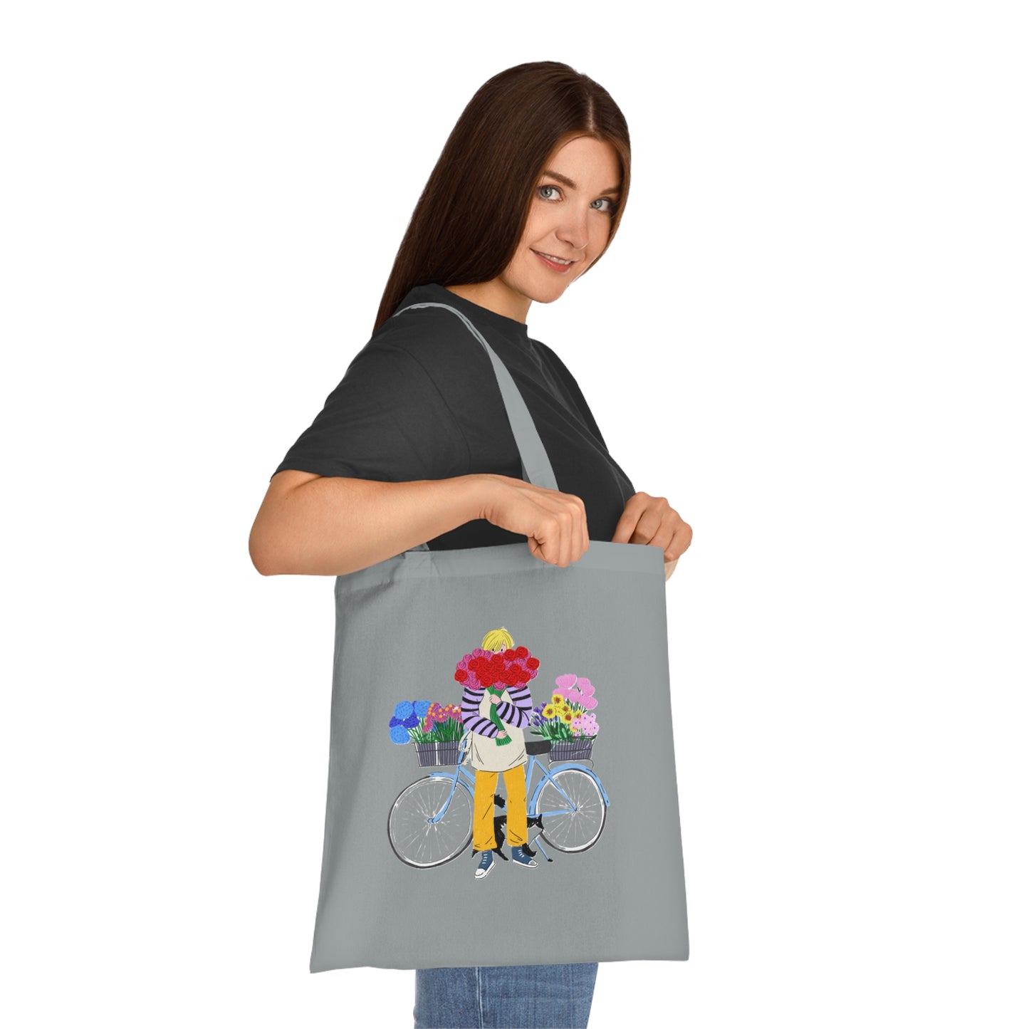Floral Bike Tote Bag — Cotton Market Tote with Colorful Flower Bicycle Design