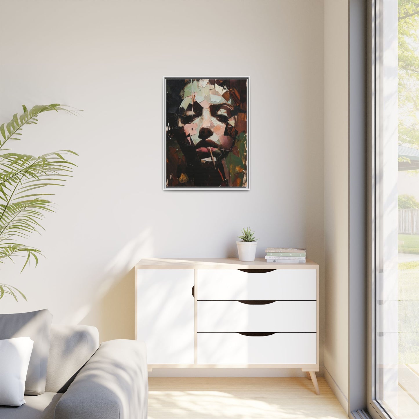 Matte Framed Canvas Art — Abstract Female Portrait, Moody Multicolor