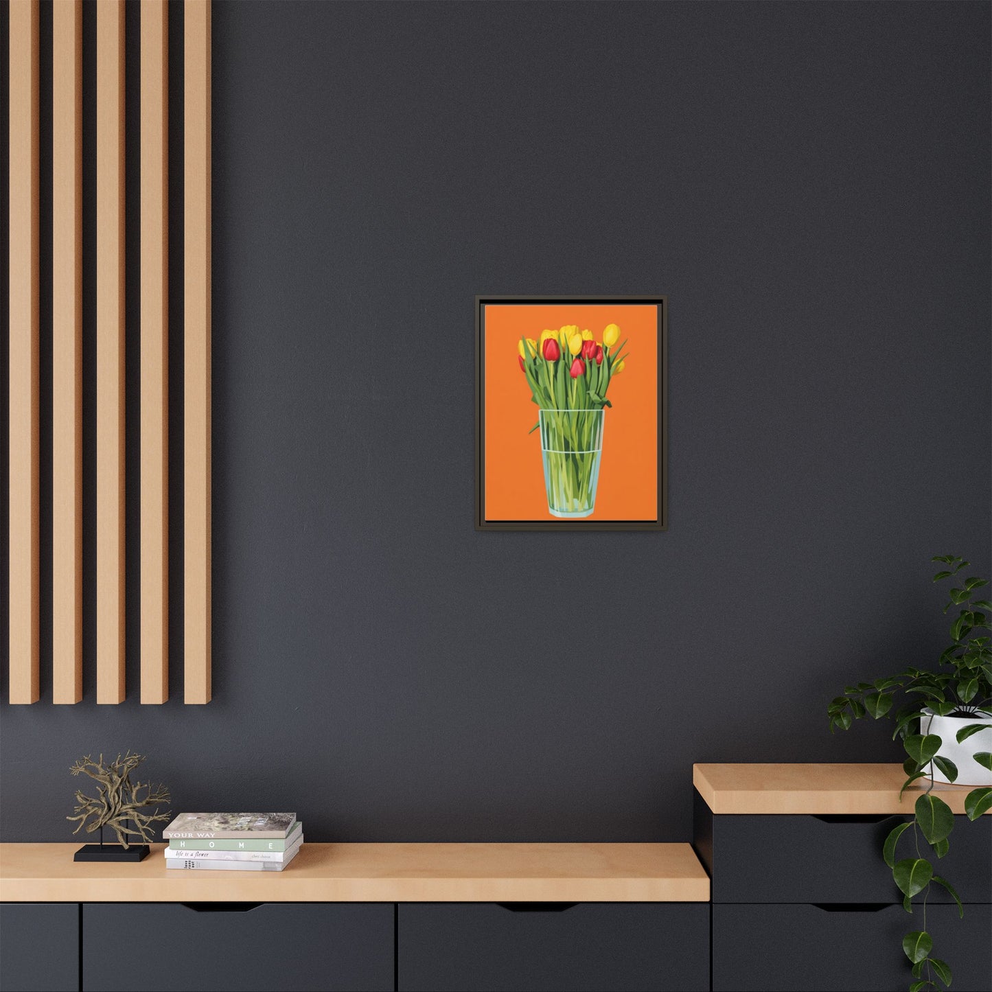 Framed Tulip Canvas Print — Colorful Tulips in Glass Vase