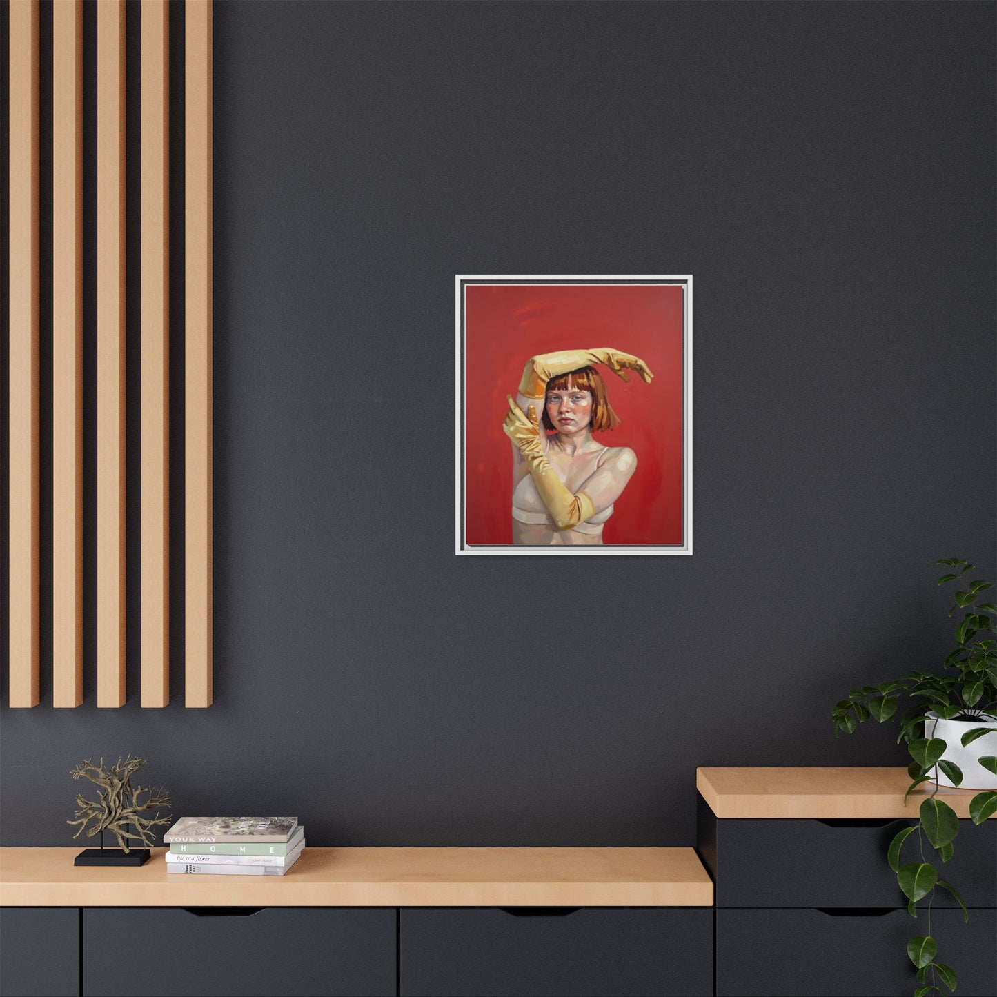 Framed Matte Canvas Art - Portrait of Woman in Yellow Gloves (Red Background)
