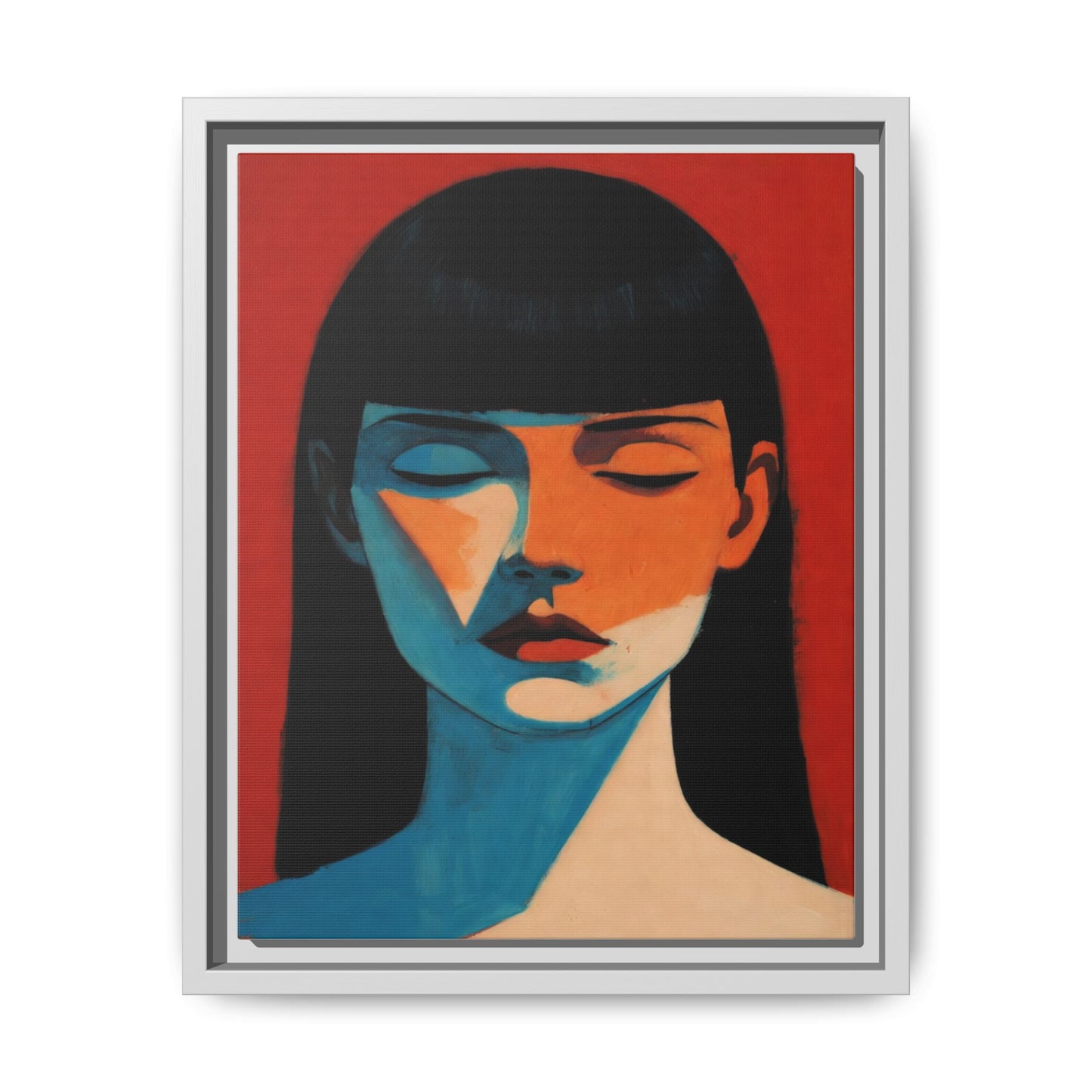 Framed Matte Canvas Art – Minimalist Portrait in Red & Teal
