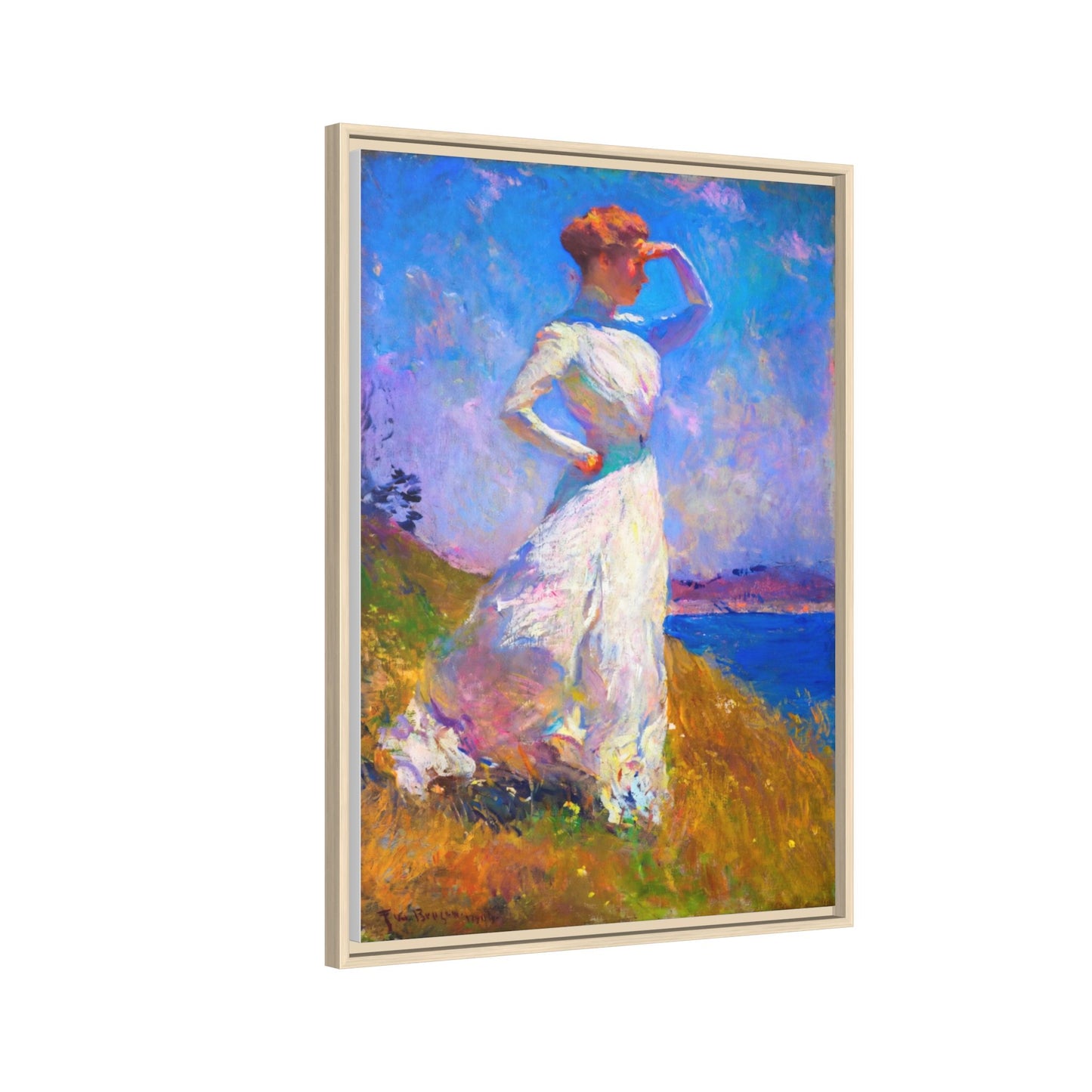 Framed Matte Canvas Art - Woman in White Seaside Impressionist Print