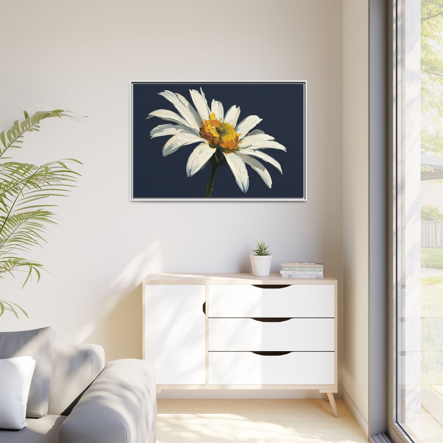 Framed Matte Canvas Daisy Wall Art — White Floral Painting on Navy