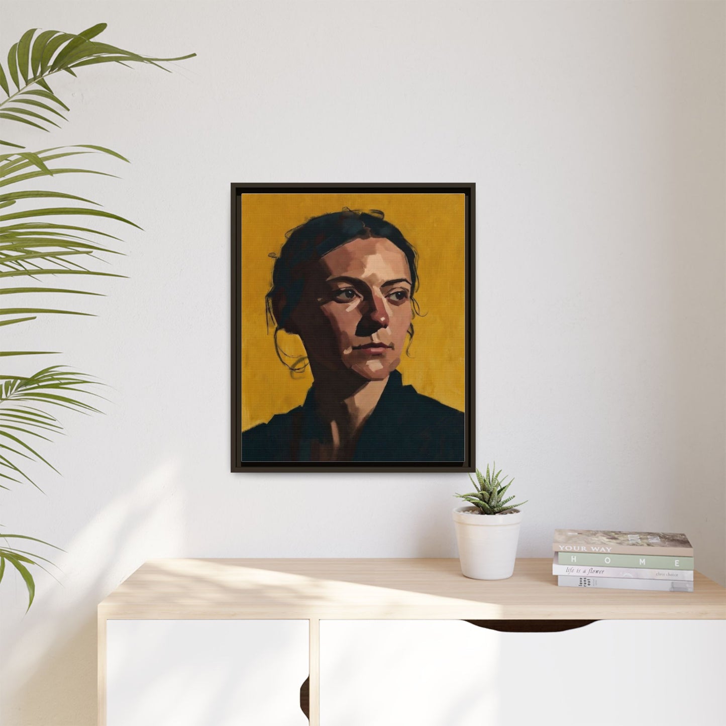 Framed Matte Canvas Portrait Art — Moody Woman on Mustard Background