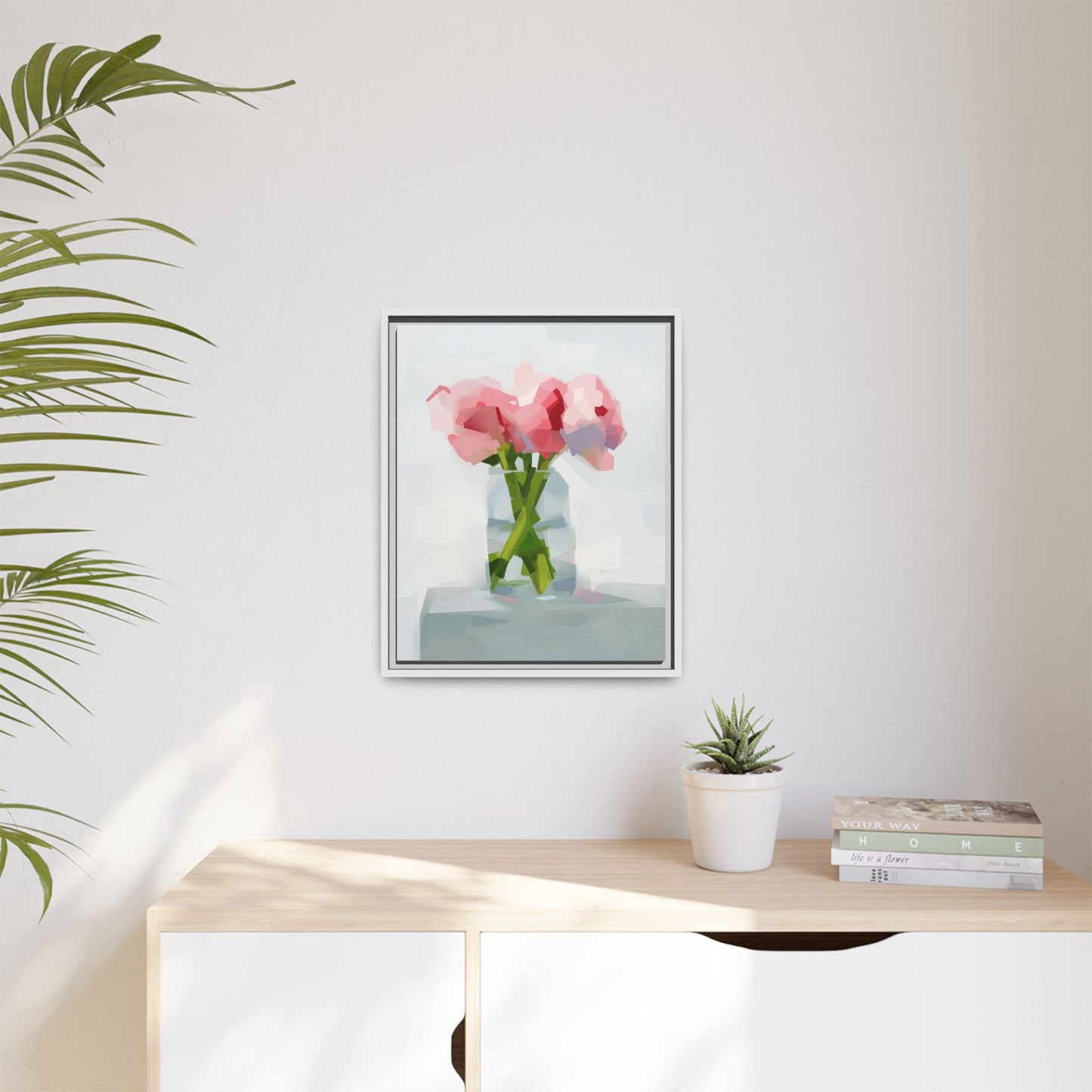 Framed Floral Canvas Art — Pink Peonies in Vase (Matte)