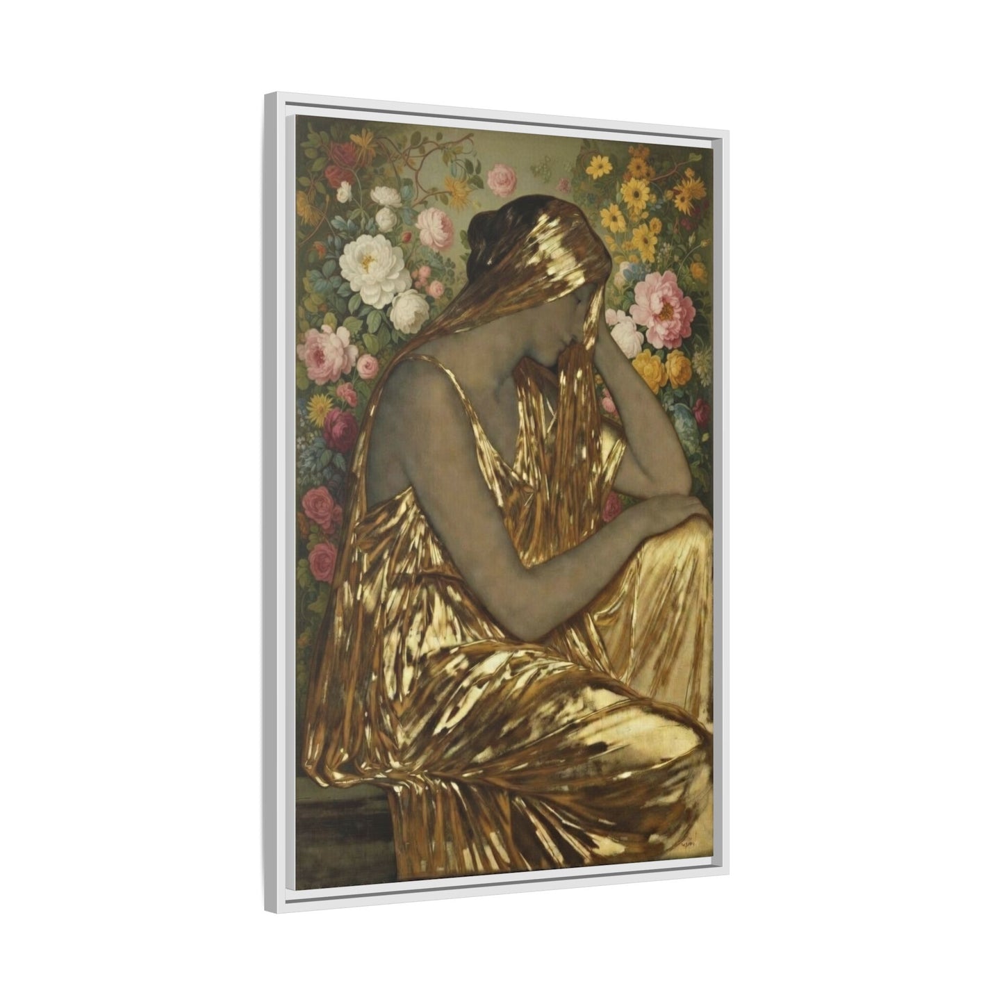 Framed Canvas Art Print — Golden Muse Woman with Floral Background