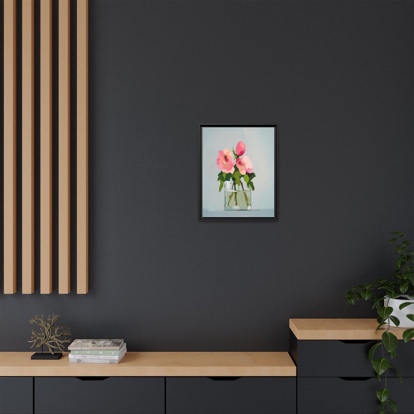 Framed Floral Canvas Print — Pink Roses in Glass Vase (Matte)