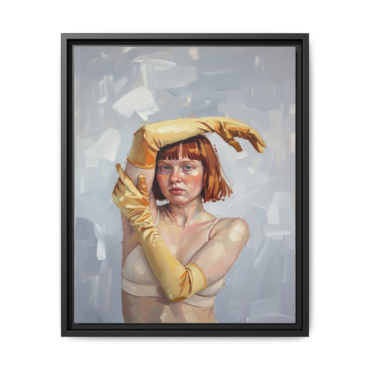 Contemporary Portrait Canvas Print — Woman with Yellow Gloves (Framed Matte)