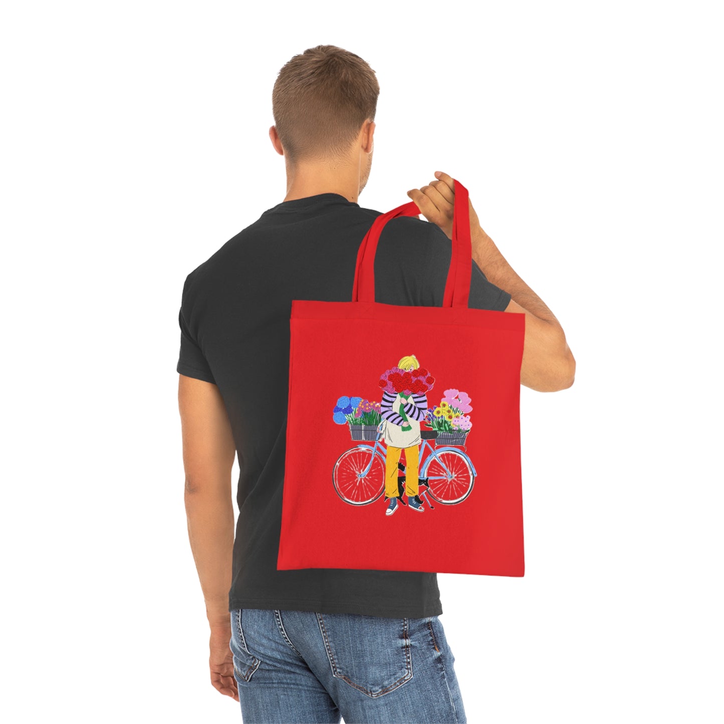 Floral Bike Tote Bag — Cotton Market Tote with Colorful Flower Bicycle Design