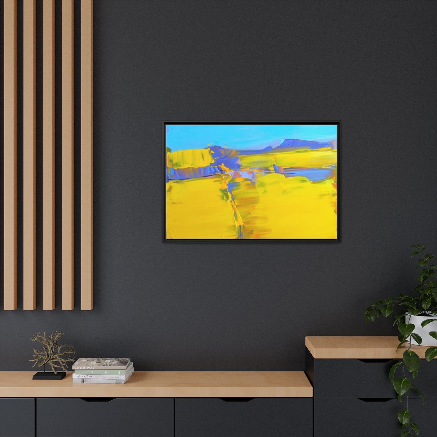 Framed Matte Canvas  Vibrant Yellow Blue Abstract Landscape Art