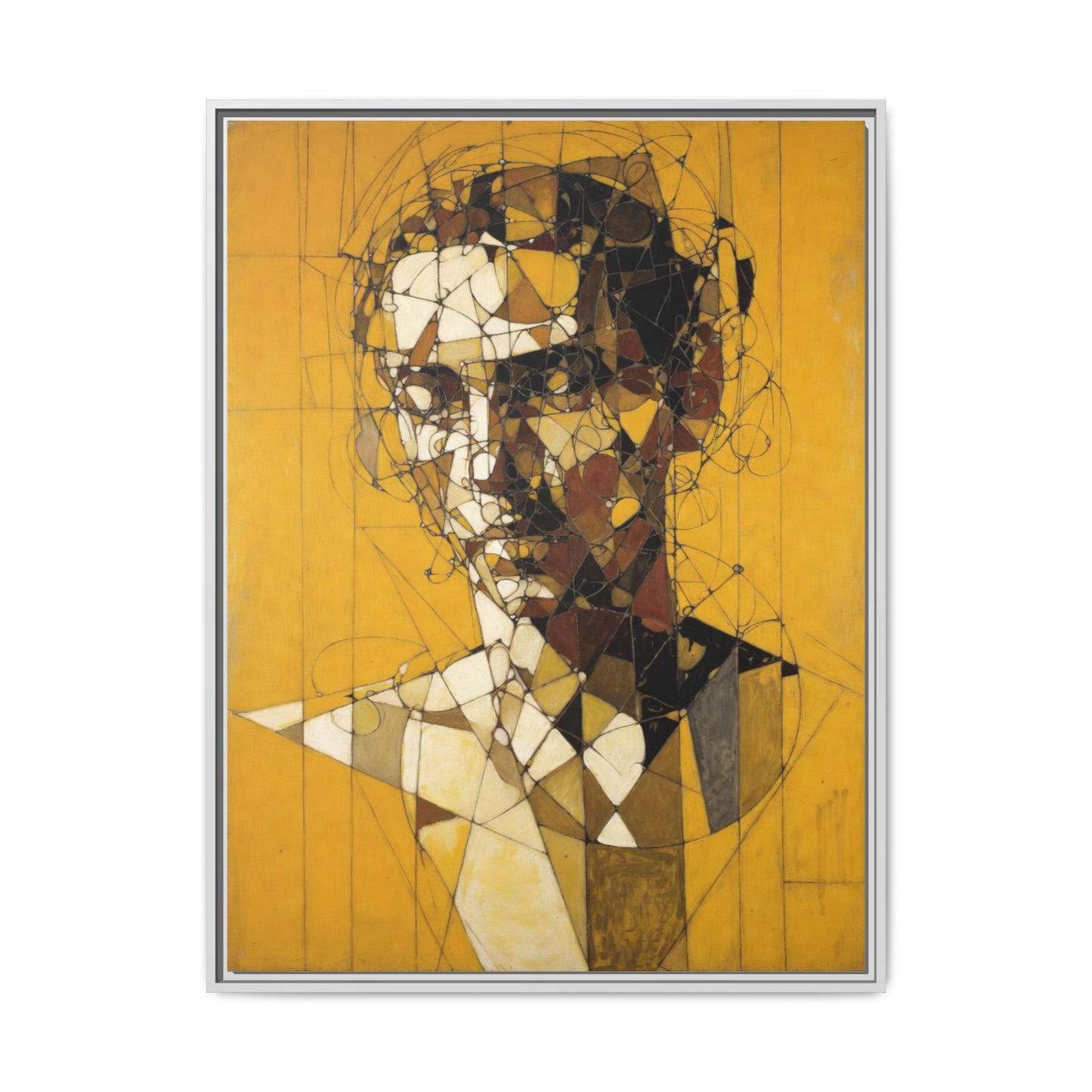 Framed Matte Canvas Art - Abstract Geometric Portrait on Mustard Yellow