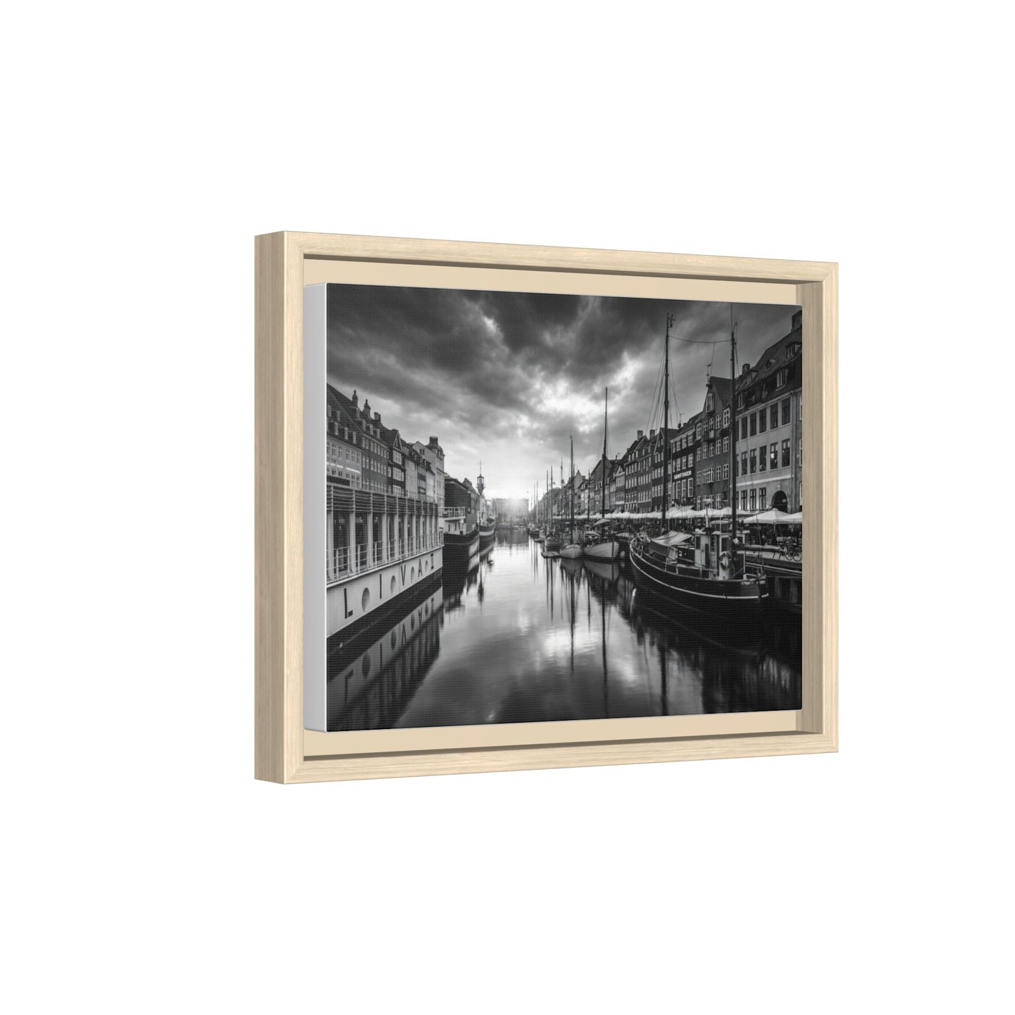 Framed Matte Canvas: Black & White Dutch Canal Photography Wall Art