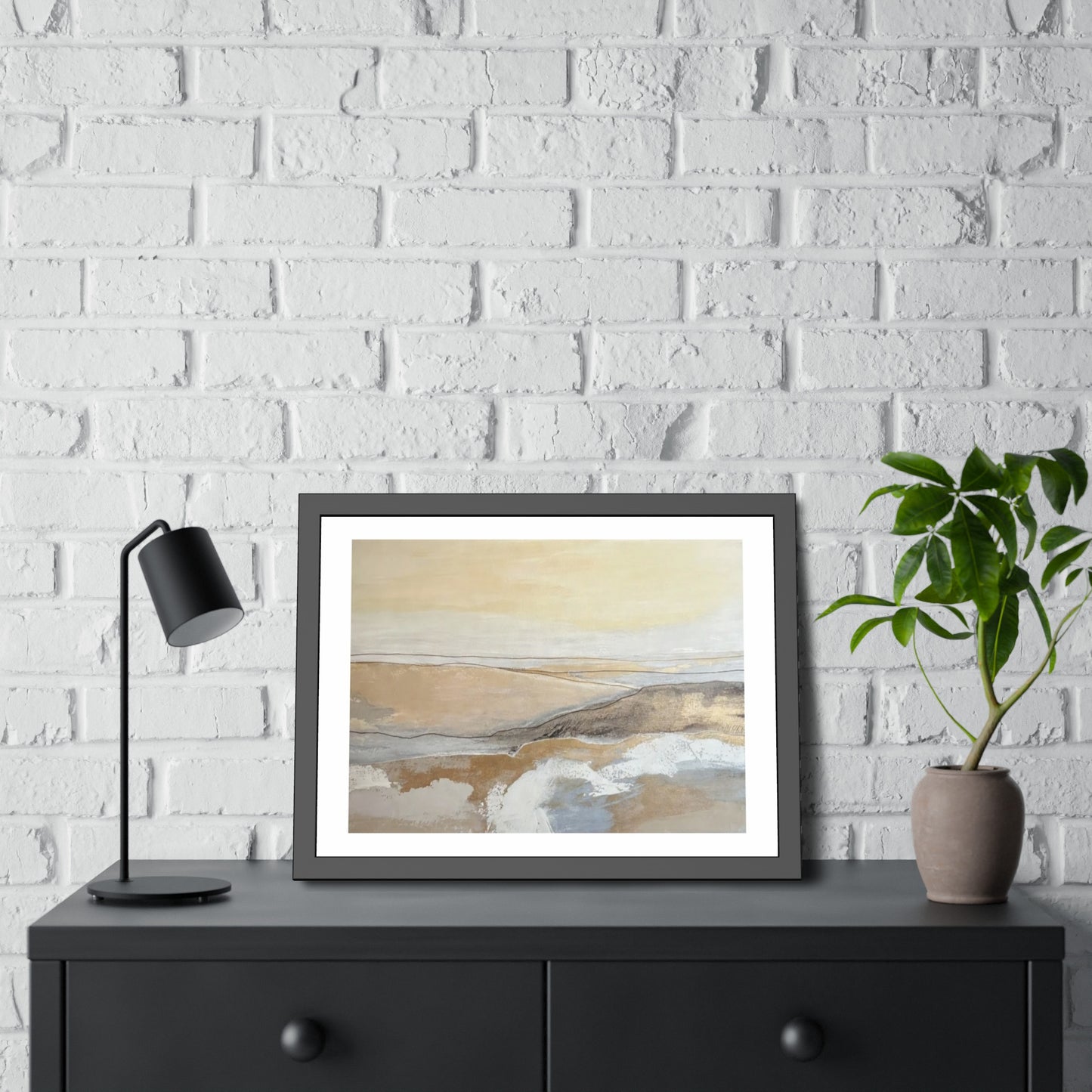 Abstract Coastal Landscape Framed Paper Poster — Neutral Beige Blue Wall Art