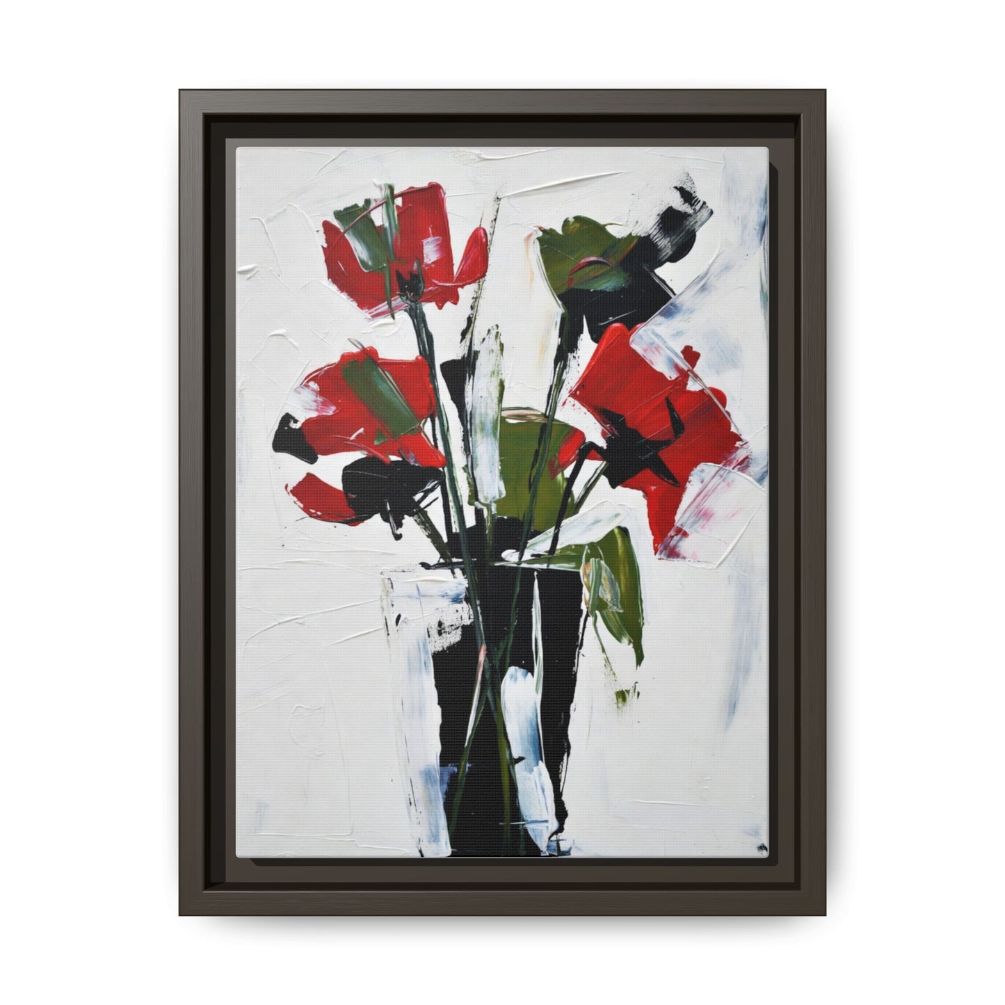 Framed Abstract Floral Canvas Print — Red Poppies in Black Vase