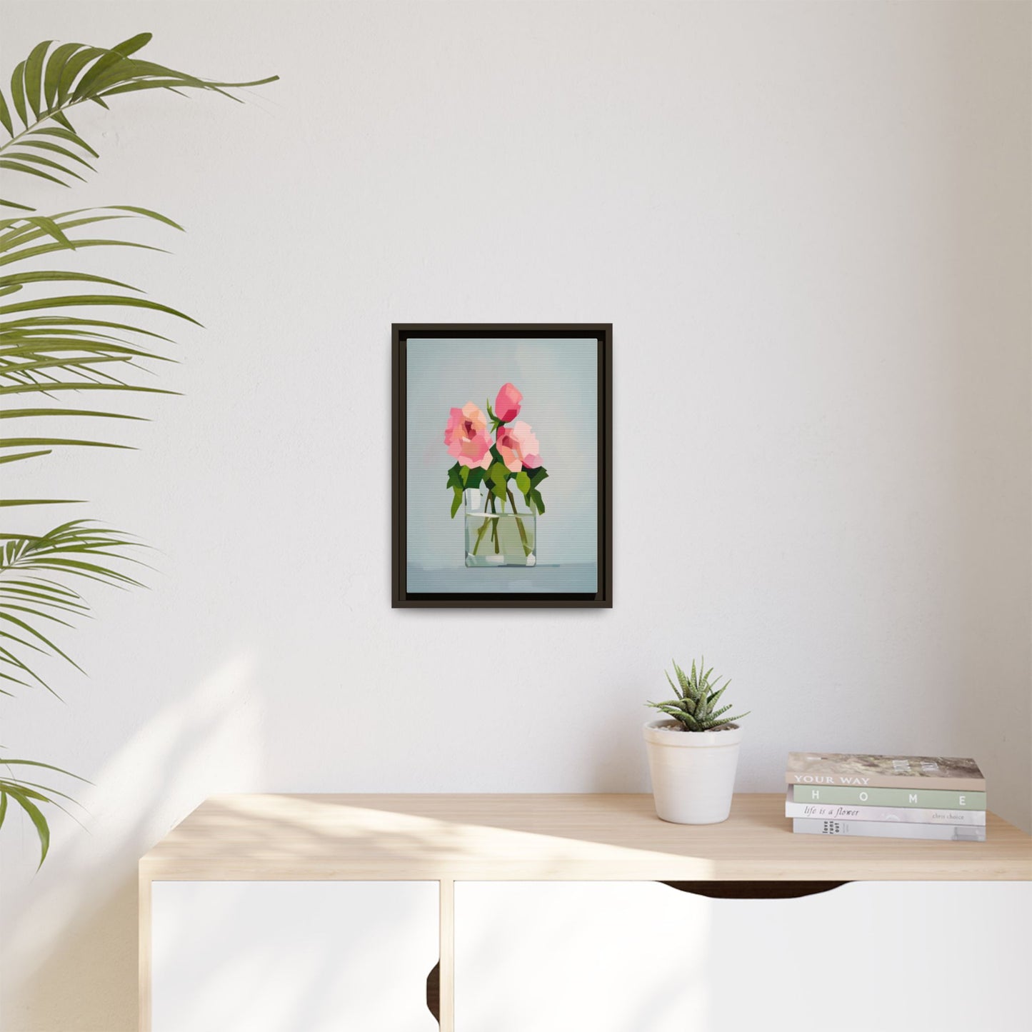 Framed Floral Canvas Print — Pink Roses in Glass Vase (Matte)