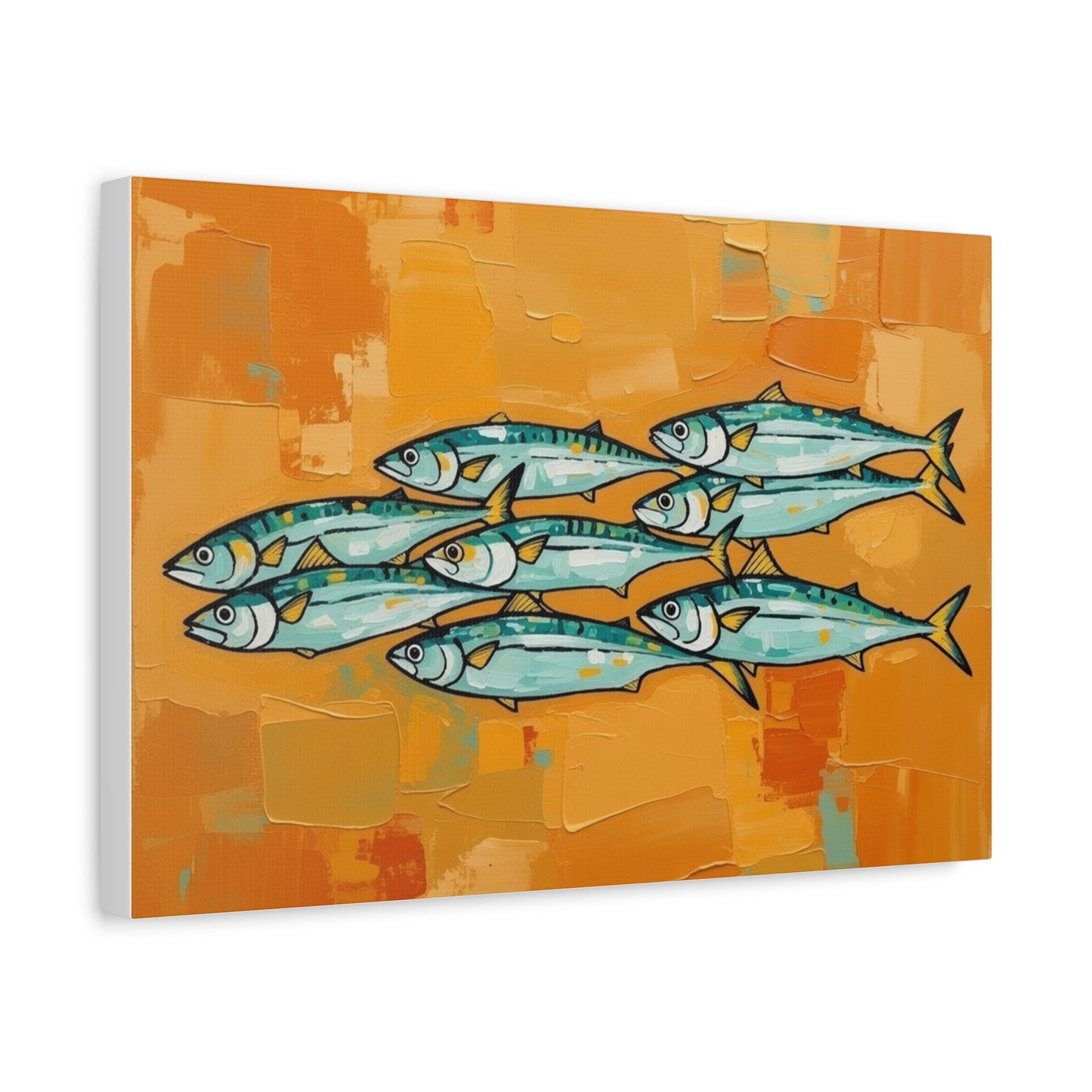 School of Mackerel Canvas Wall Art — Nautical Fish Painting on Orange Background