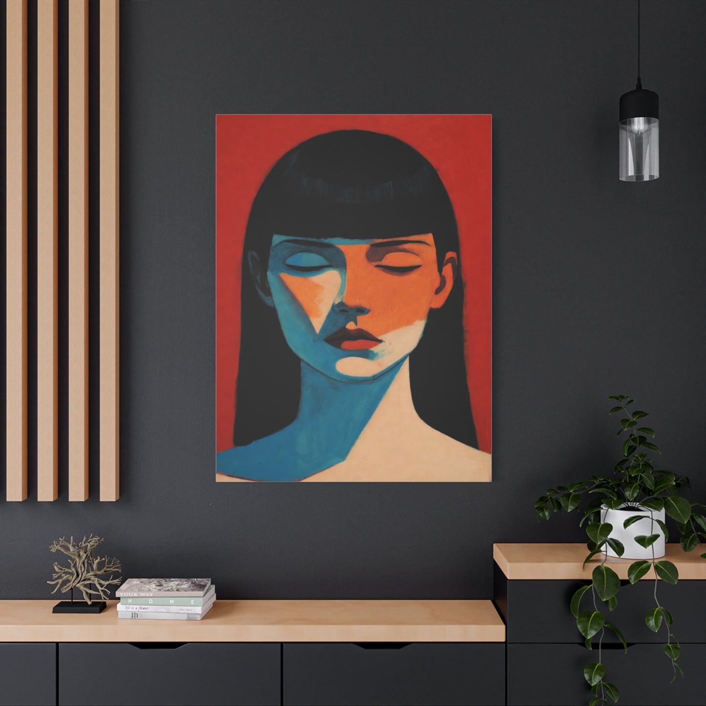 Portrait Canvas Wall Art — Modern Minimalist Woman in Red & Blue