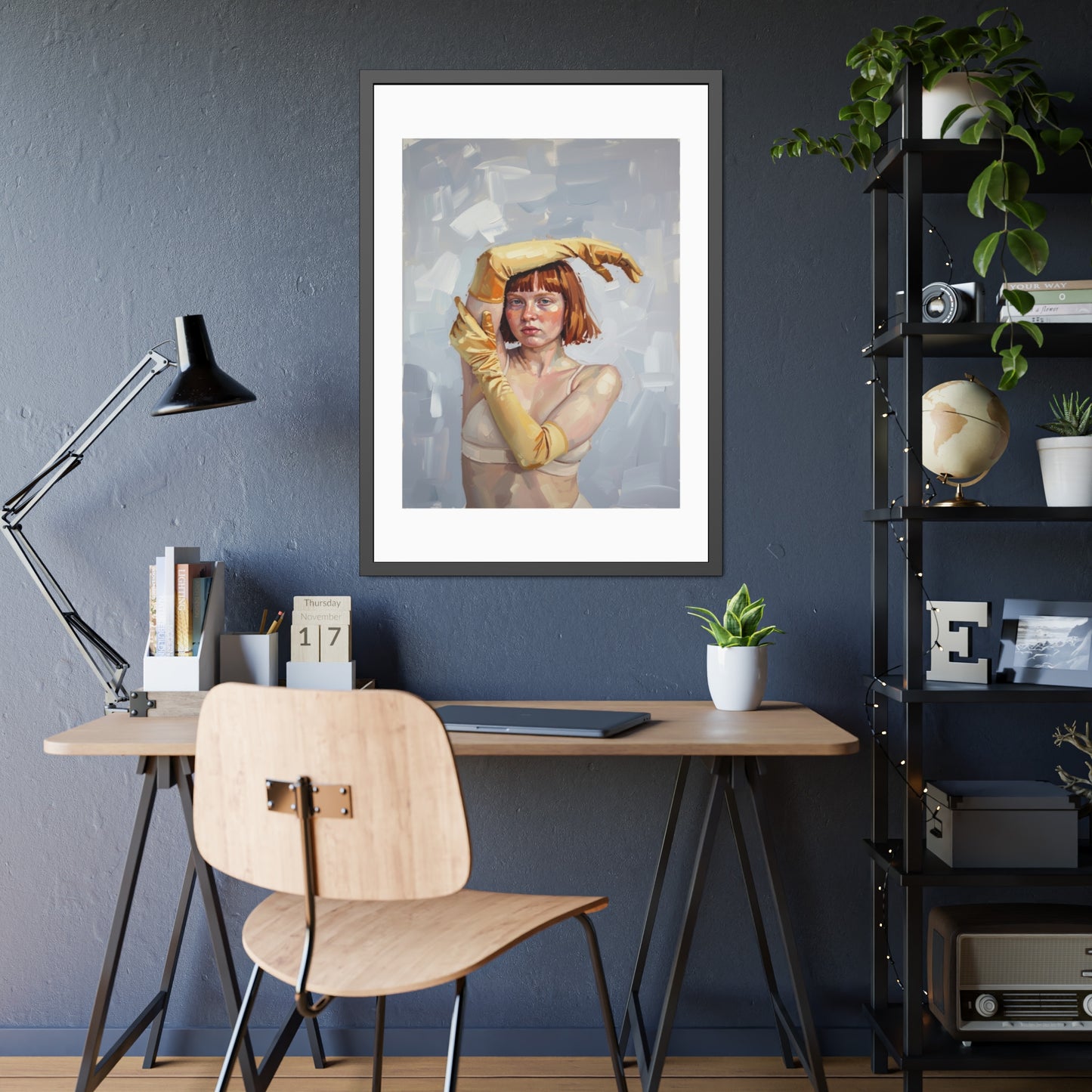 Framed Art Print — Portrait of Woman in Yellow Gloves (Modern Figurative Wall Art)