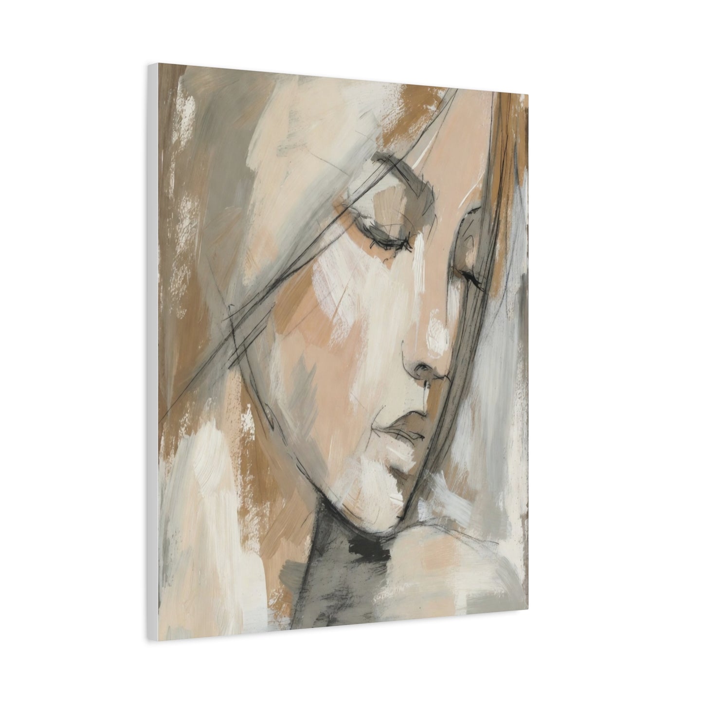 Serene Woman Portrait Matte Canvas Wall Art — Neutral Abstract Face Painting