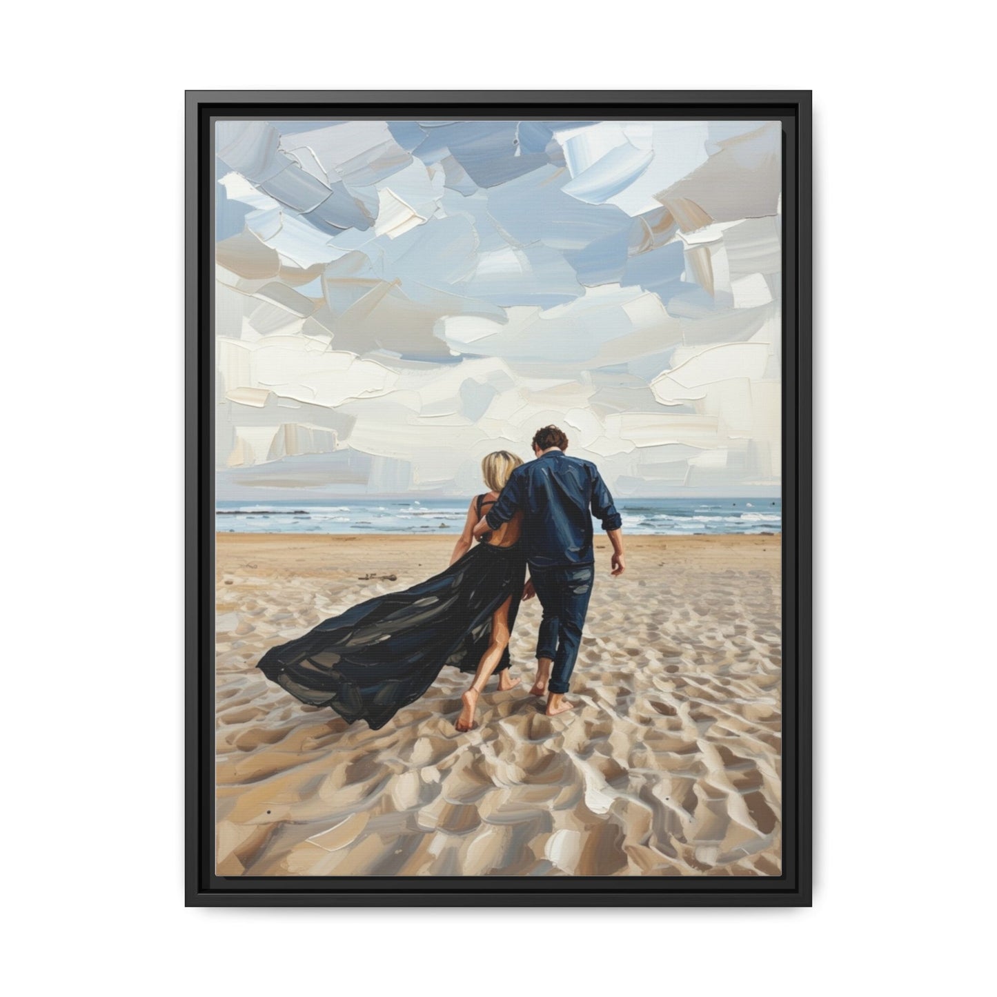 Framed Canvas Wall Art — Romantic Couple Walking on Beach Print