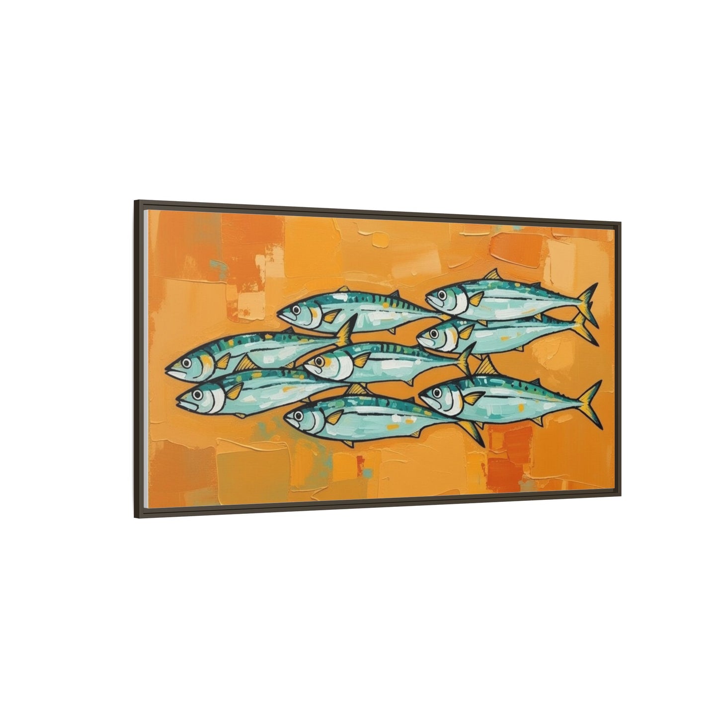 Framed Matte Canvas Print — School of Blue Fish on Orange Abstract Background