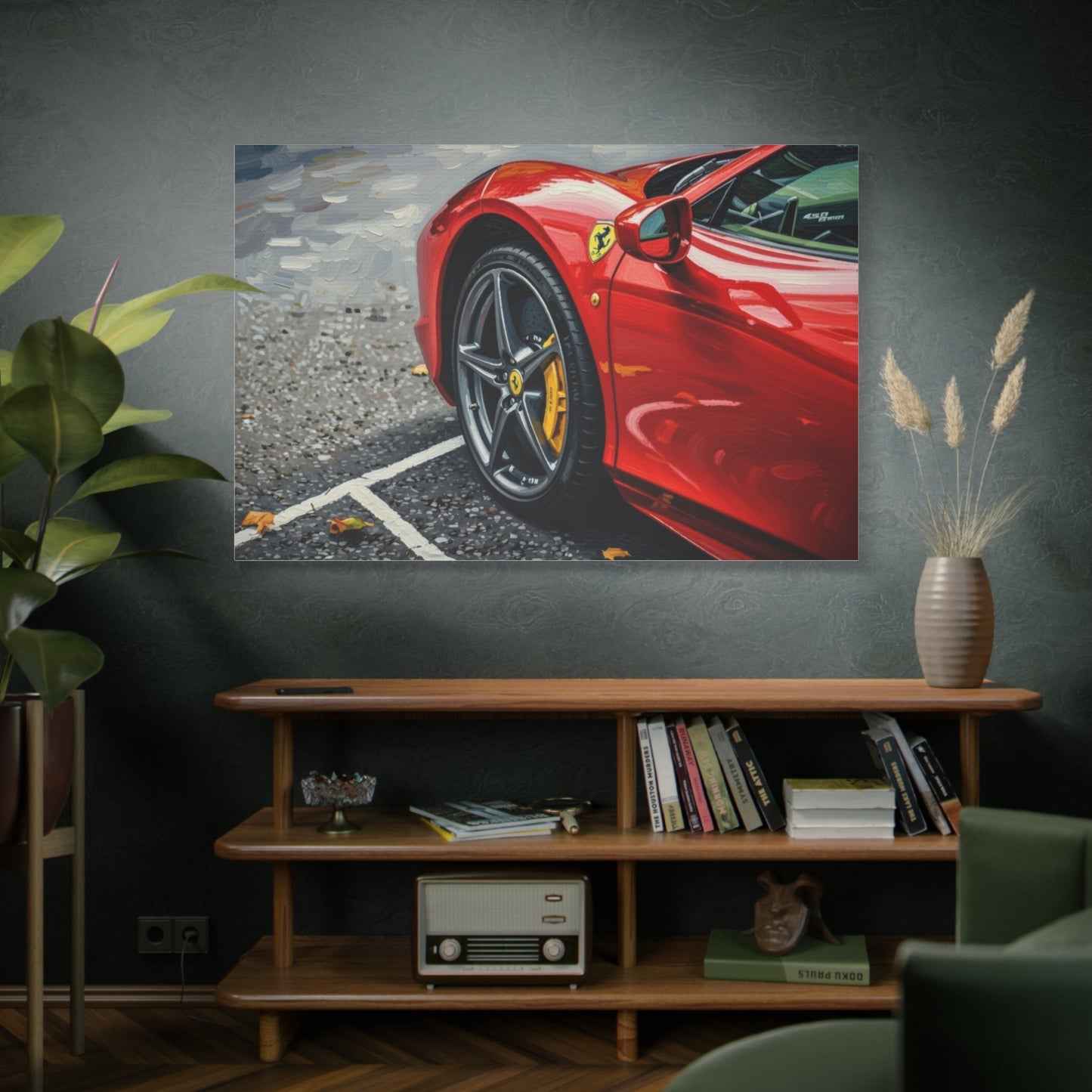 Red Sports Car Canvas Print — Ferrari Wheel Close-Up Matte Stretched Wall Art