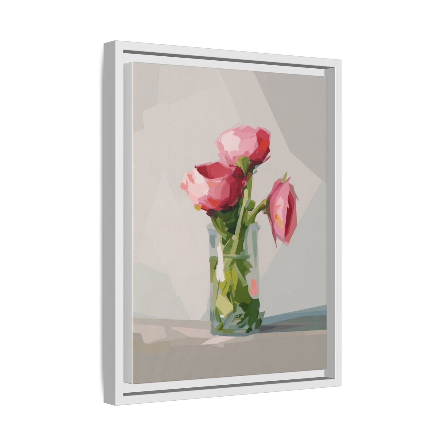 Framed Canvas Art — Pink Roses in Vase, Modern Floral Wall Print