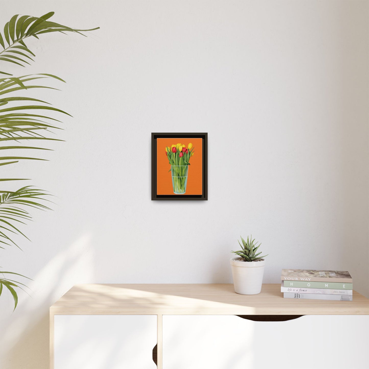 Framed Tulip Canvas Print — Colorful Tulips in Glass Vase