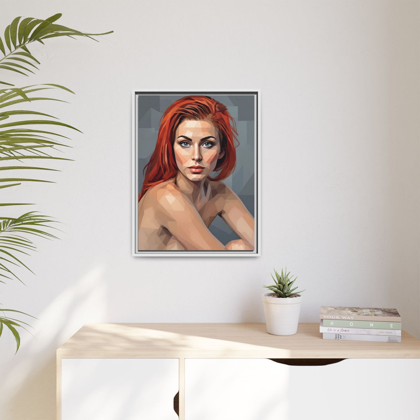 Framed Matte Canvas Portrait — Geometric Redhead Wall Art