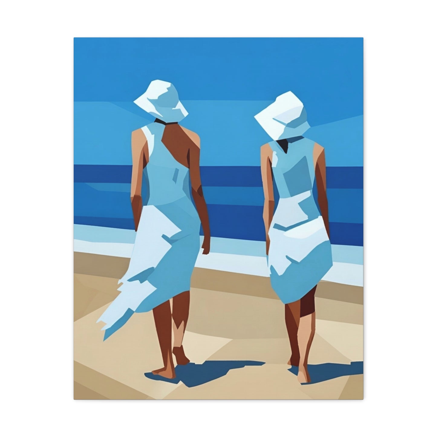 Beach Stroll Canvas Print — Two Women in Blue Sun Hats Matte Stretched